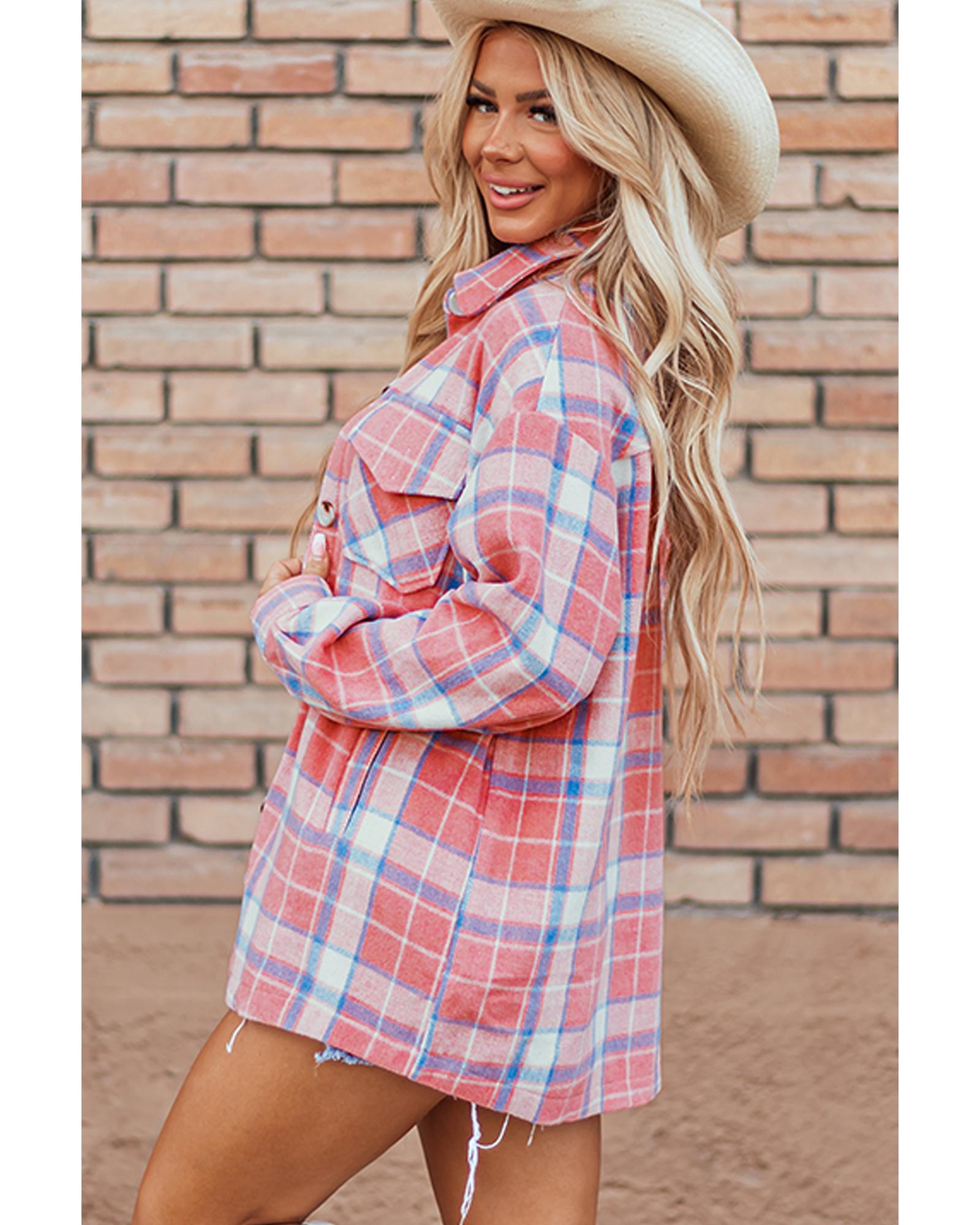 Pink Plaid Flap Pocket Button Up Shacket - XL