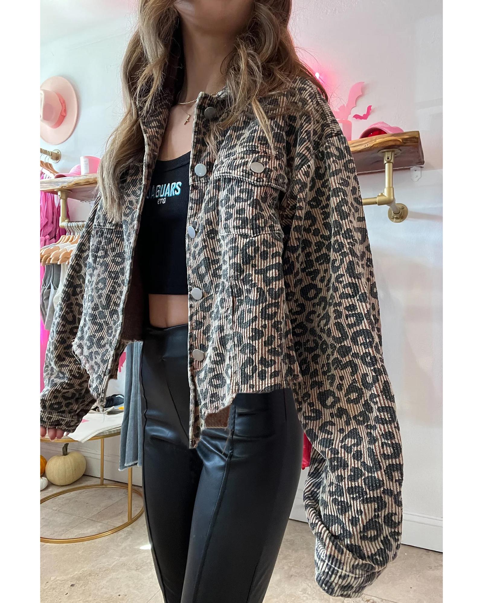 Dark Khaki Leopard Print Corduroy Irregular Hem Buttoned Jacket - XL