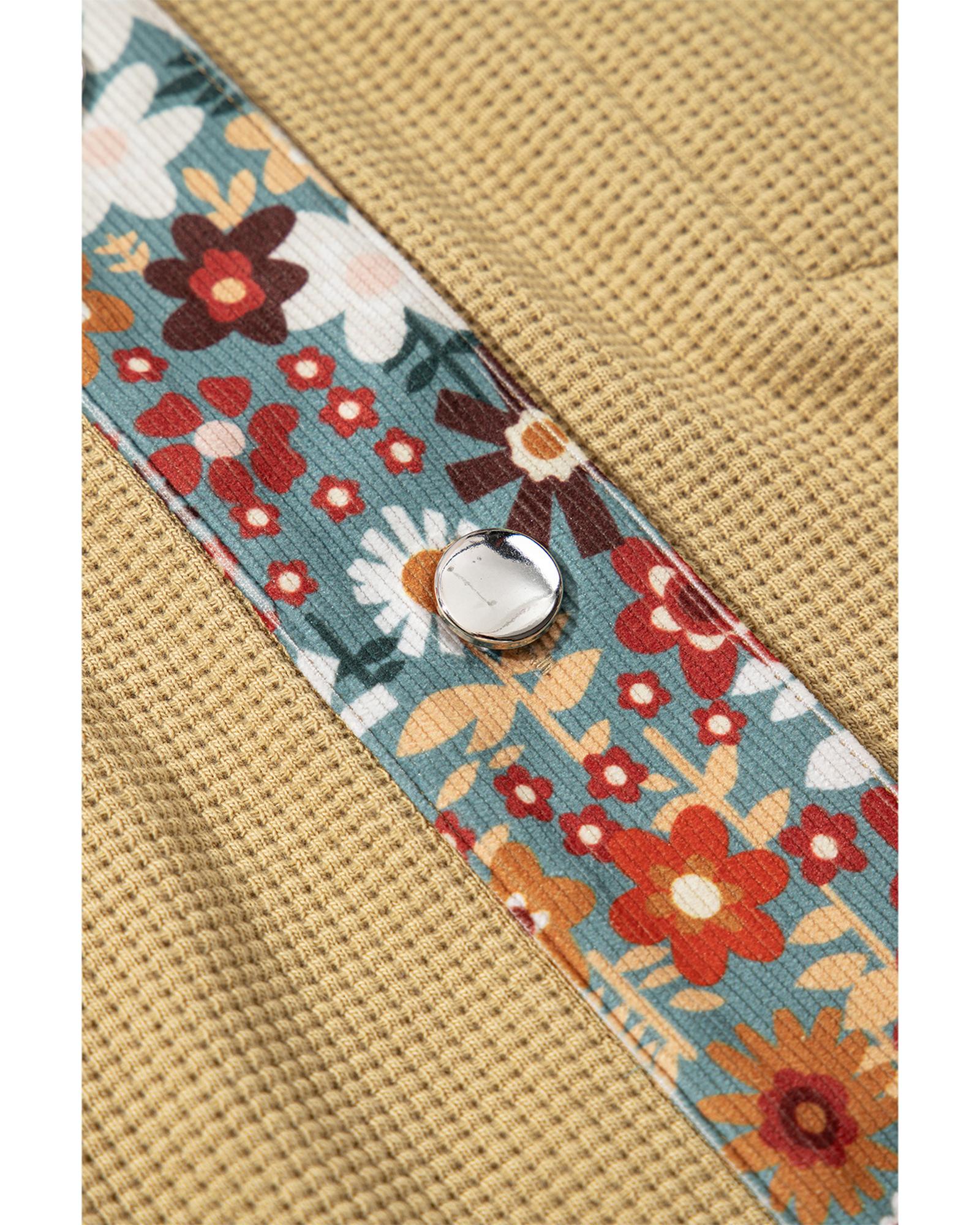 Khaki Waffle Knit Floral Print Patchwork Button up Jacket - S