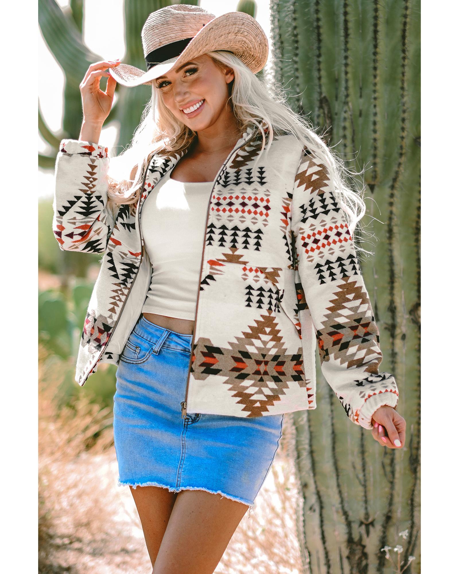 Beige Aztec Printed Stand Neck Zip Up Jacket - M