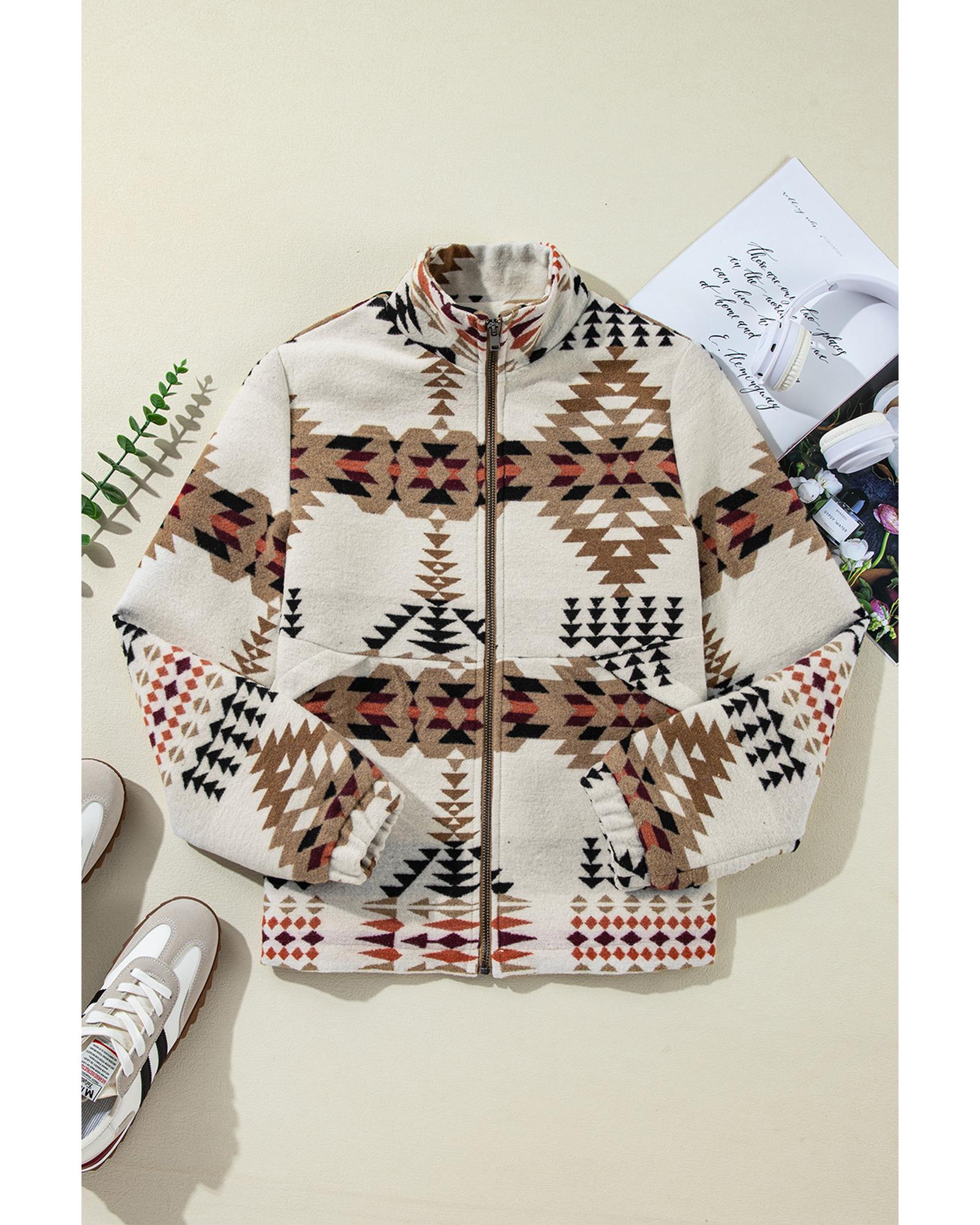 Beige Aztec Printed Stand Neck Zip Up Jacket - S