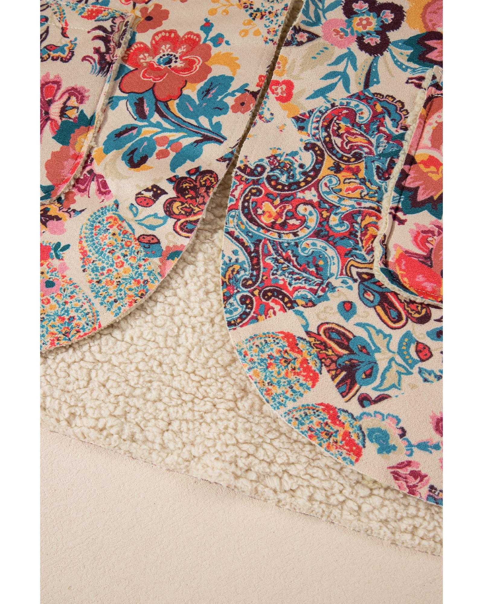 Azura Exchange Beige Vintage Paisley Floral Printed Sherpa Lined Hooded Jacket - S