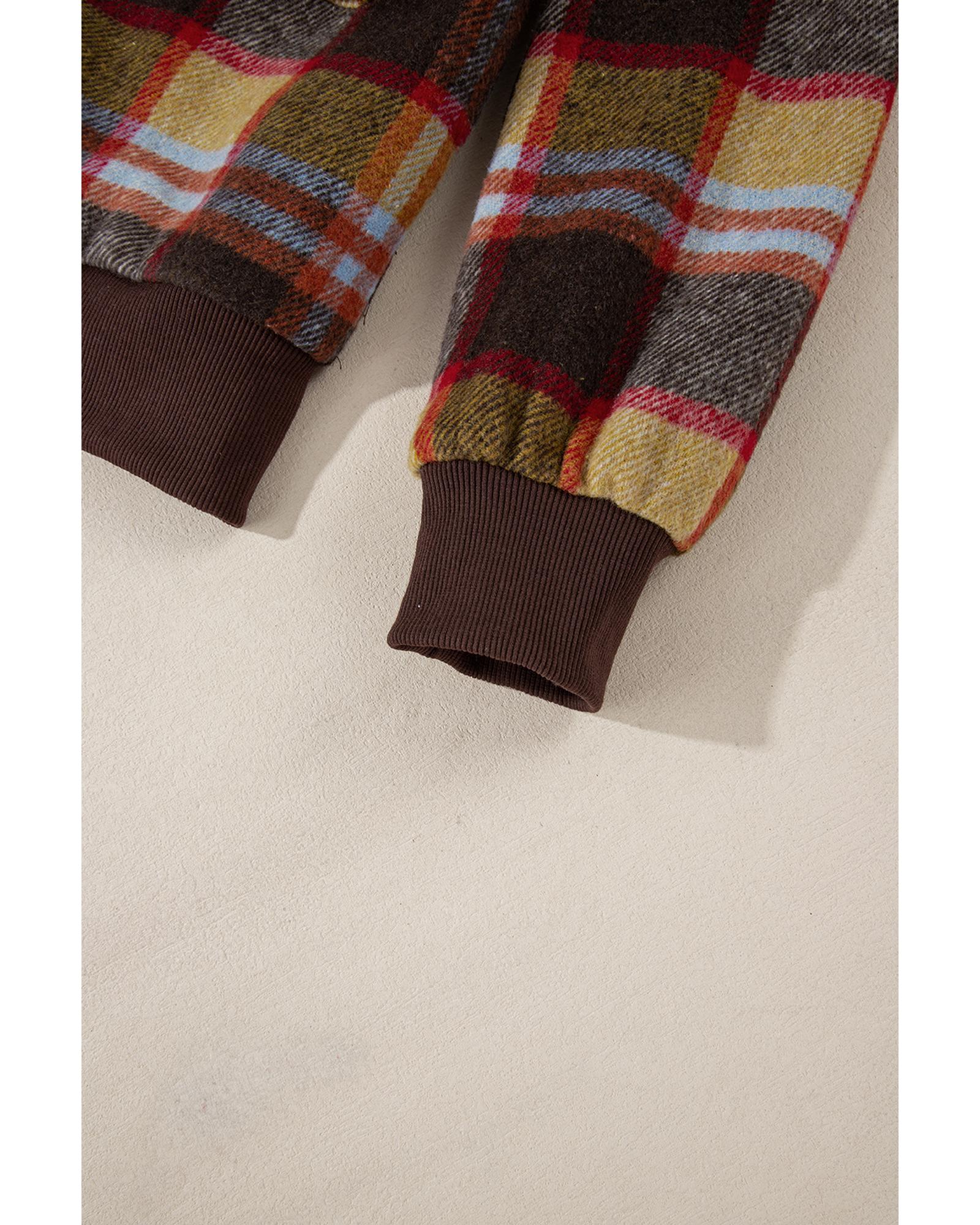 Brown Plaid Print Chest Pockets Button Zipper Stand Neck Jacket - L