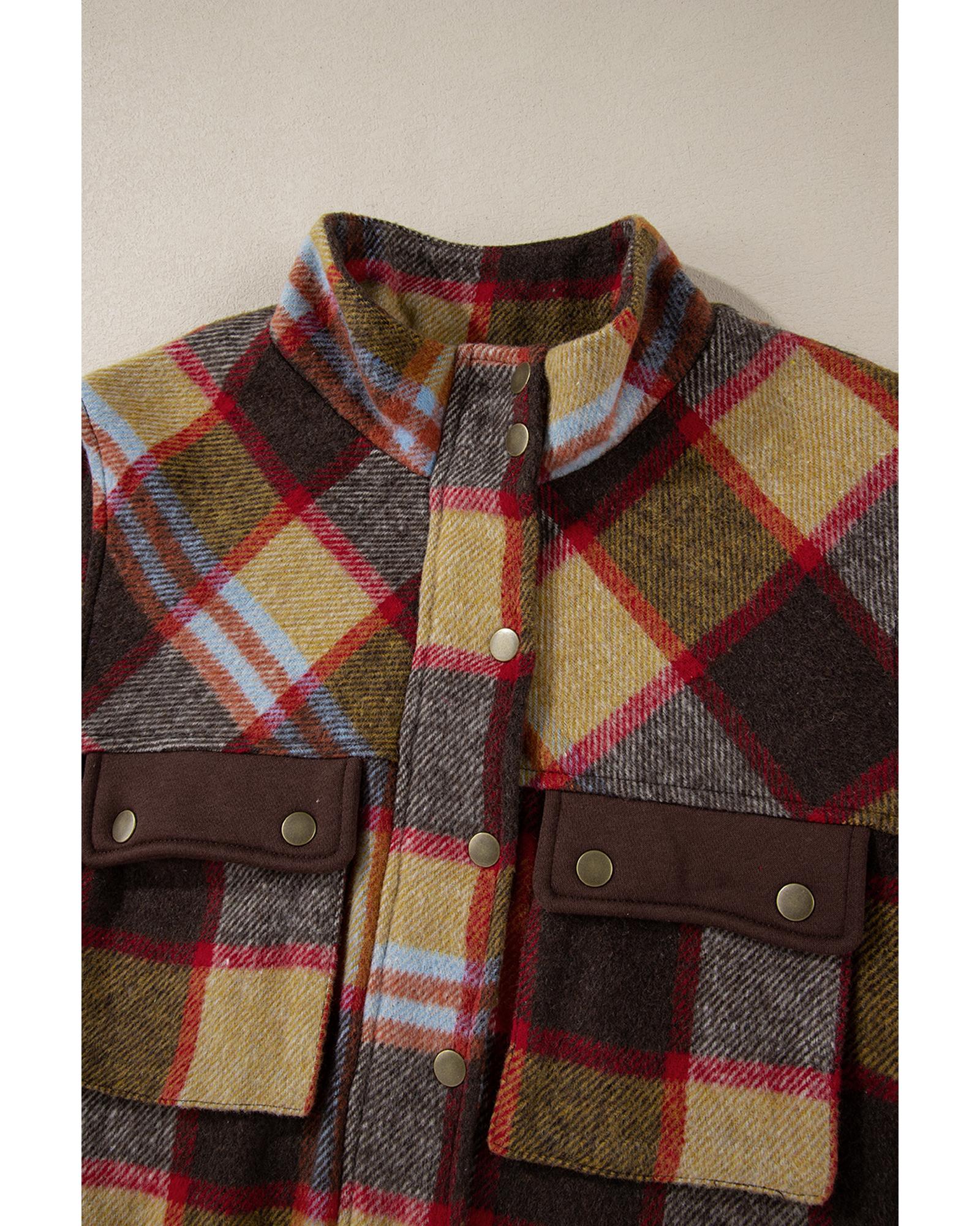 Brown Plaid Print Chest Pockets Button Zipper Stand Neck Jacket - L