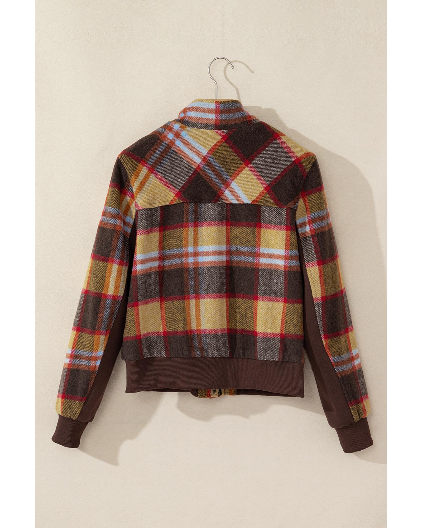 Brown Plaid Print Chest Pockets Button Zipper Stand Neck Jacket - L