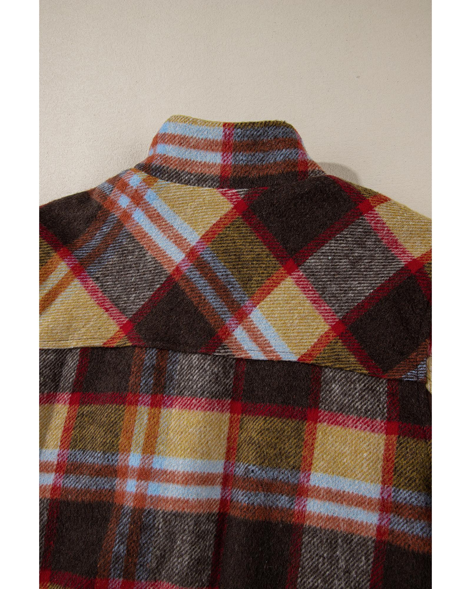 Brown Plaid Print Chest Pockets Button Zipper Stand Neck Jacket - L