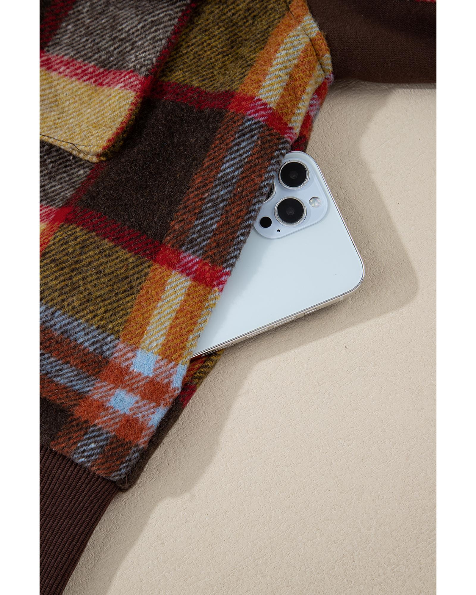 Brown Plaid Print Chest Pockets Button Zipper Stand Neck Jacket - M