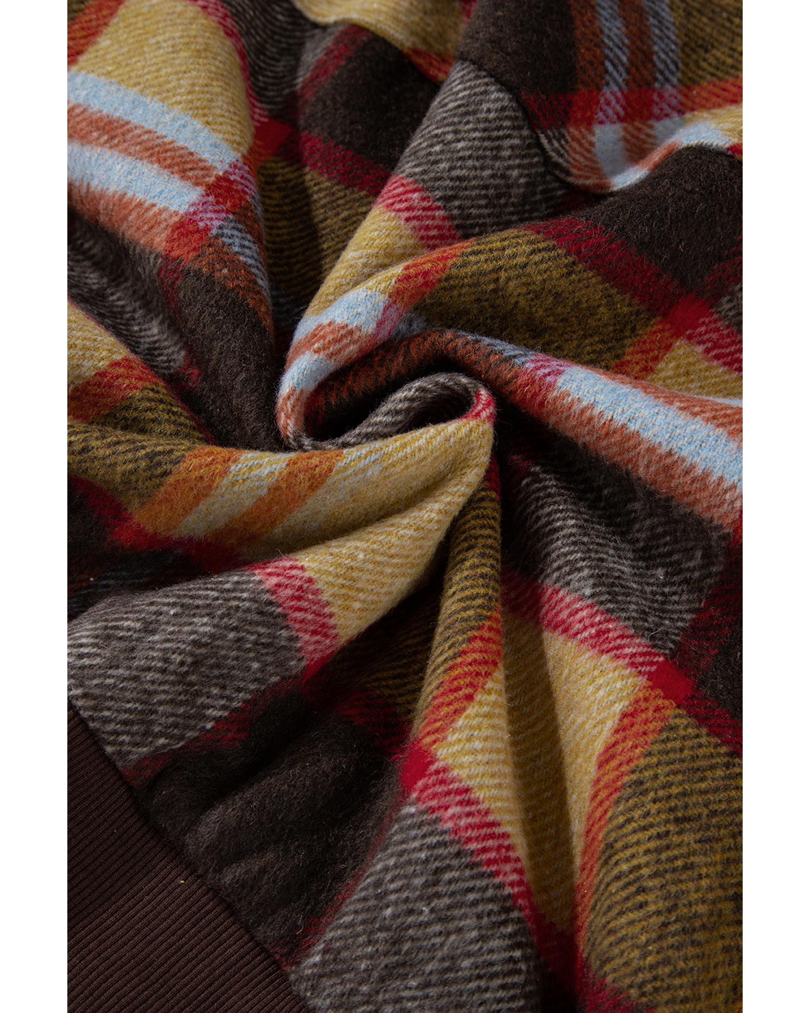 Brown Plaid Print Chest Pockets Button Zipper Stand Neck Jacket - M