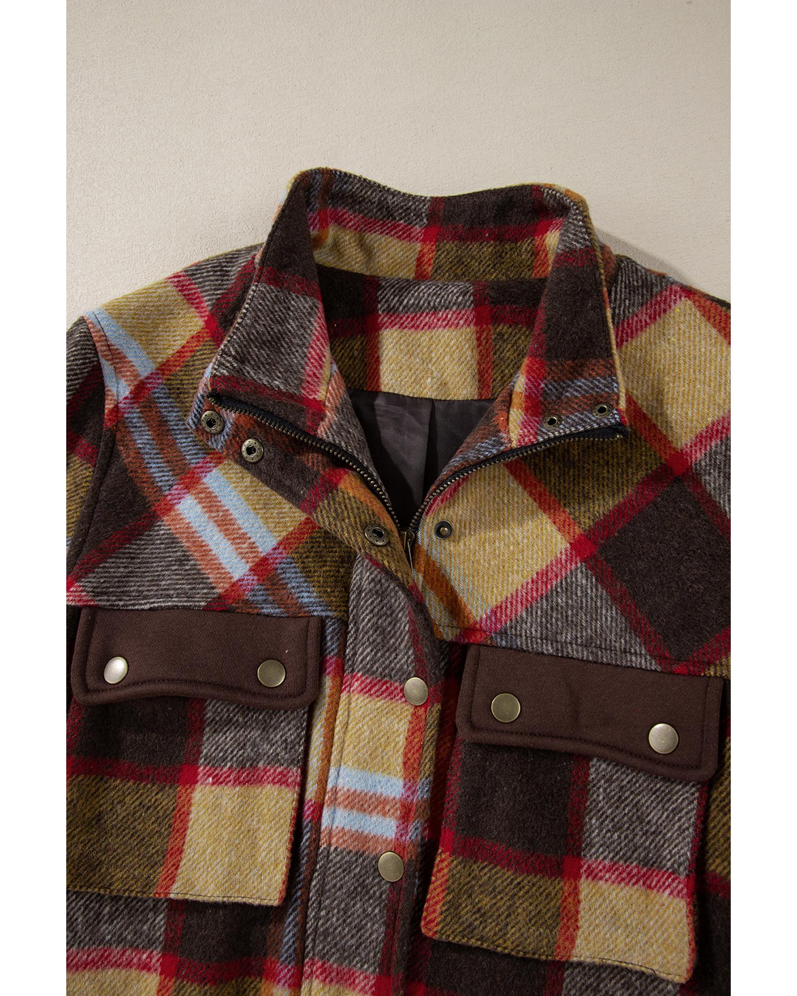 Brown Plaid Print Chest Pockets Button Zipper Stand Neck Jacket - XL