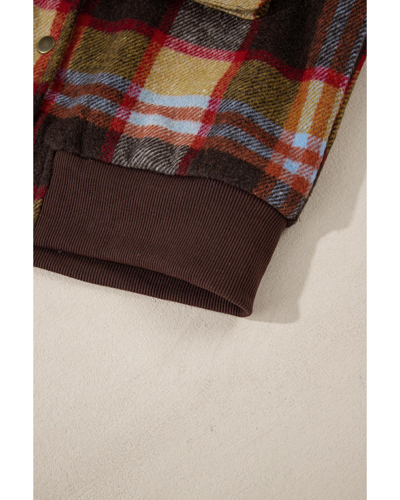 Brown Plaid Print Chest Pockets Button Zipper Stand Neck Jacket - XL