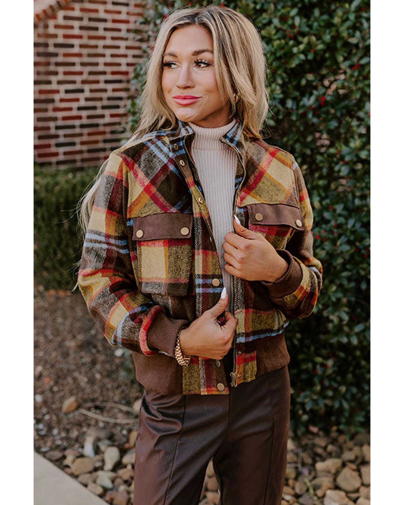 Brown Plaid Print Chest Pockets Button Zipper Stand Neck Jacket - XL