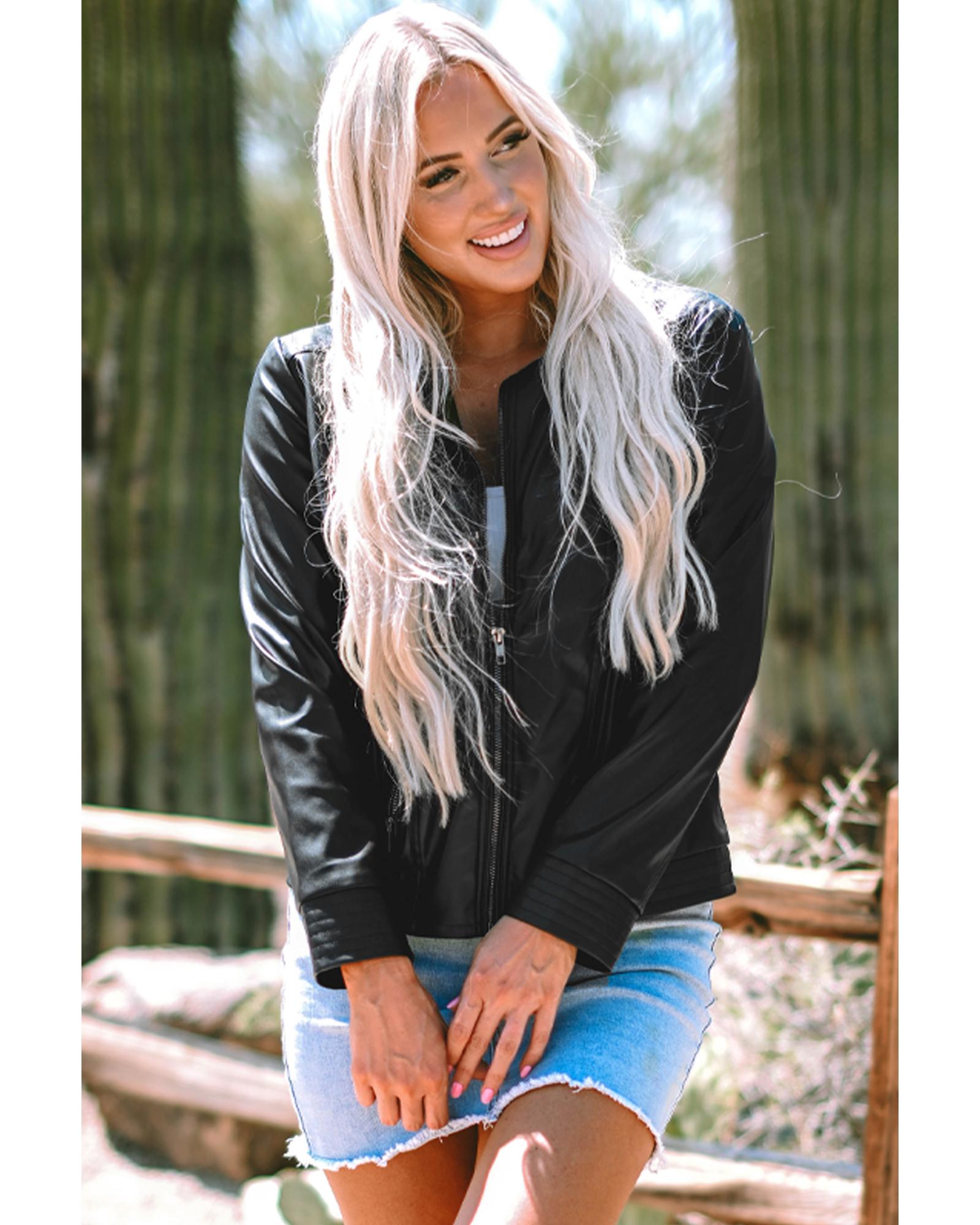 Black Solid Faux Leather Zipper Slim Fit Bomber Jacket - M