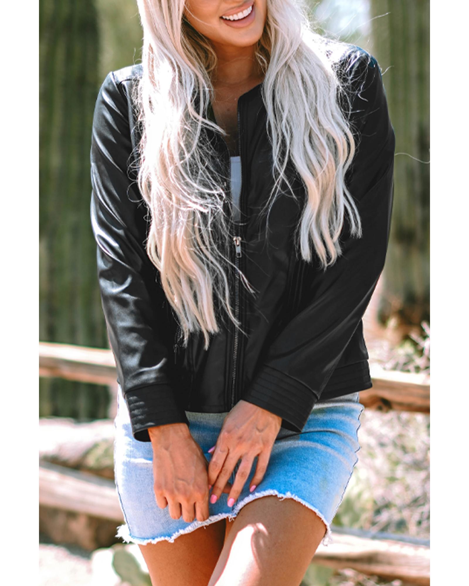 Black Solid Faux Leather Zipper Slim Fit Bomber Jacket - M