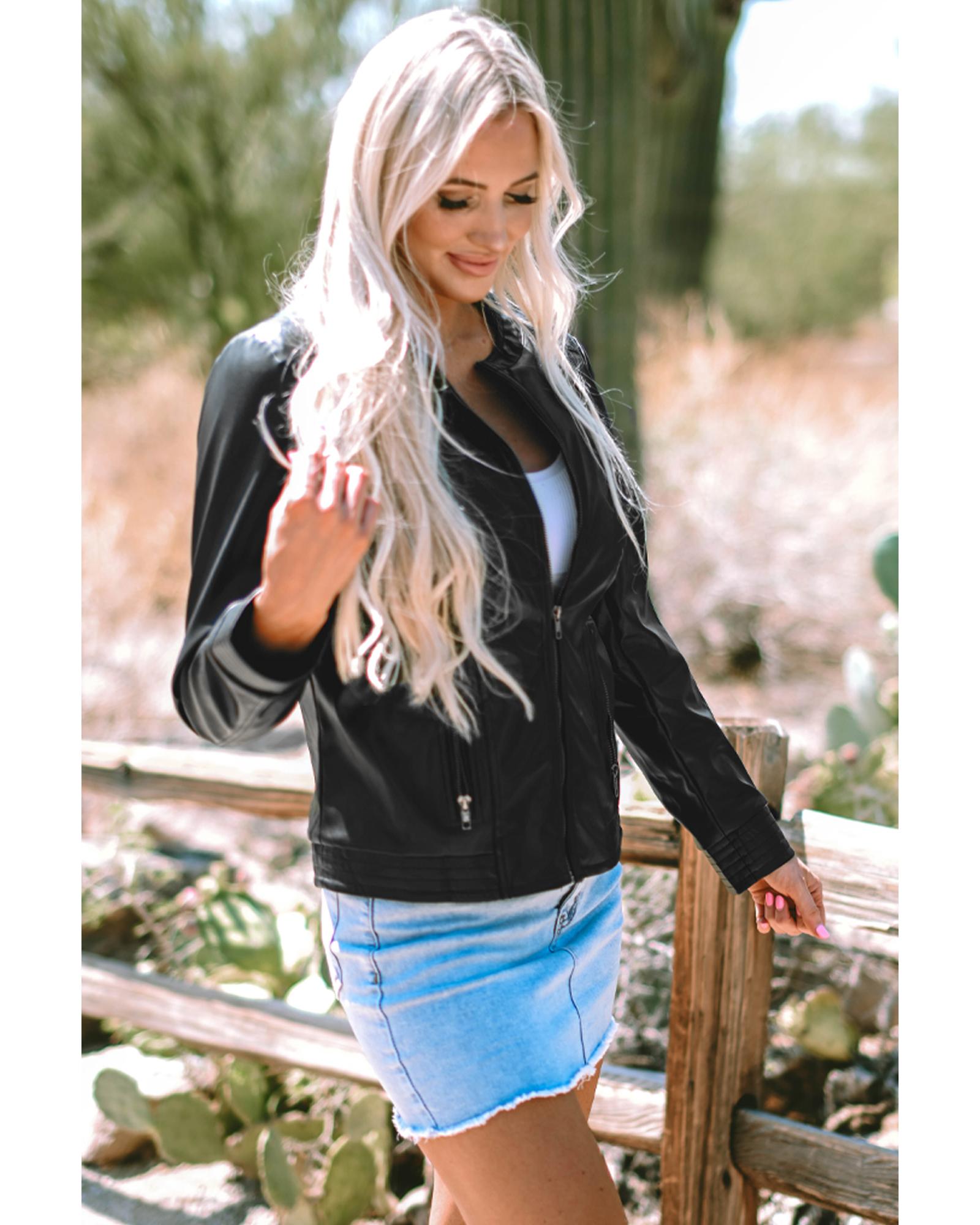 Black Solid Faux Leather Zipper Slim Fit Bomber Jacket - S