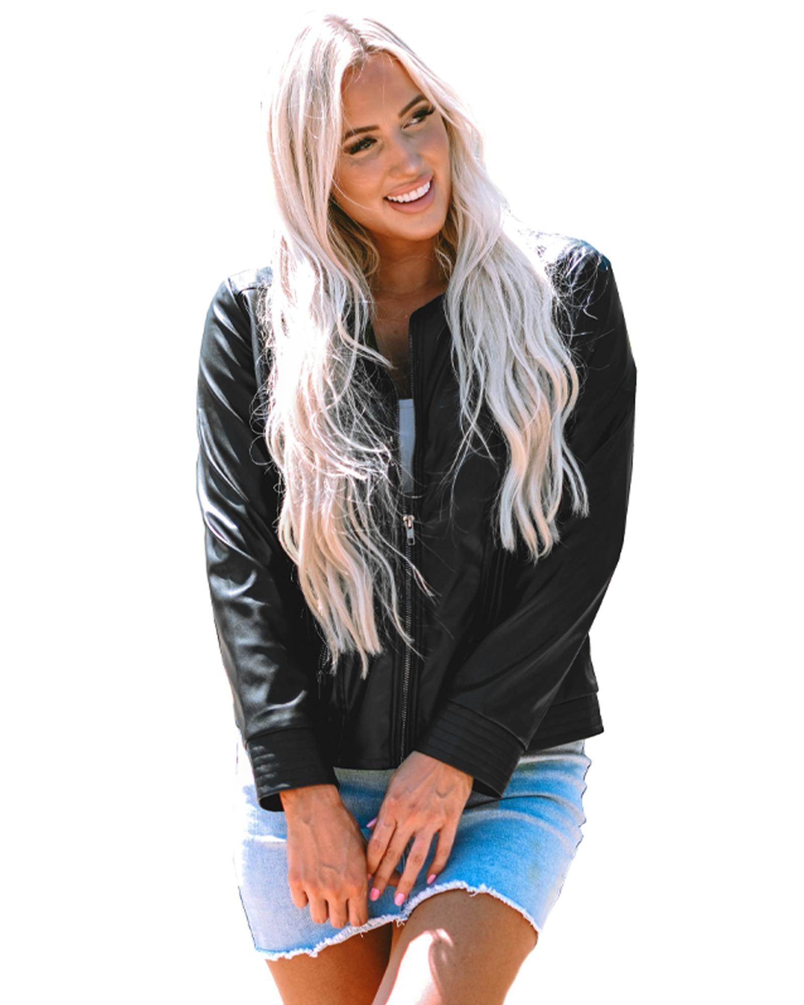 Black Solid Faux Leather Zipper Slim Fit Bomber Jacket - S