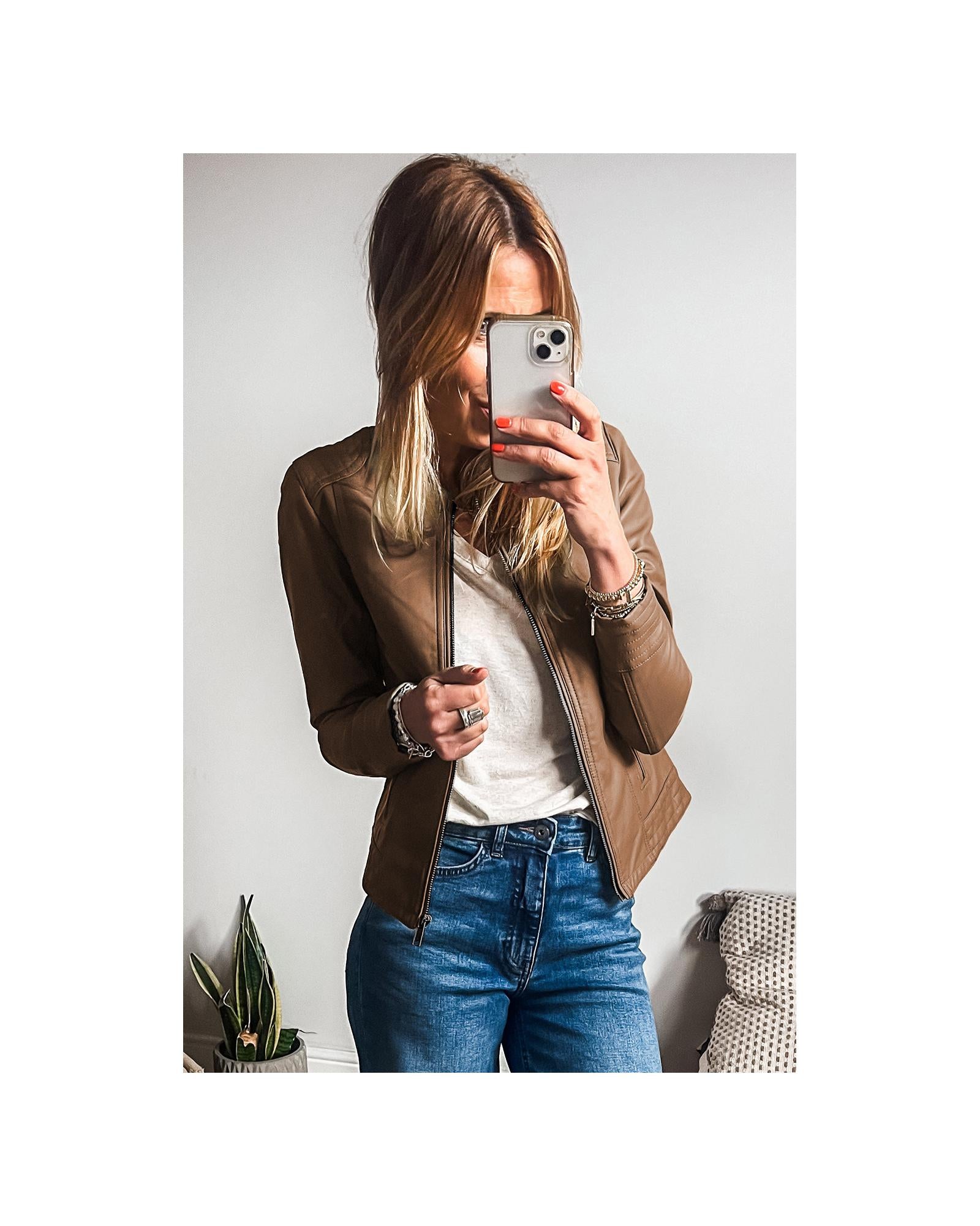 Chestnut Solid Faux Leather Zipper Slim Fit Bomber Jacket - L