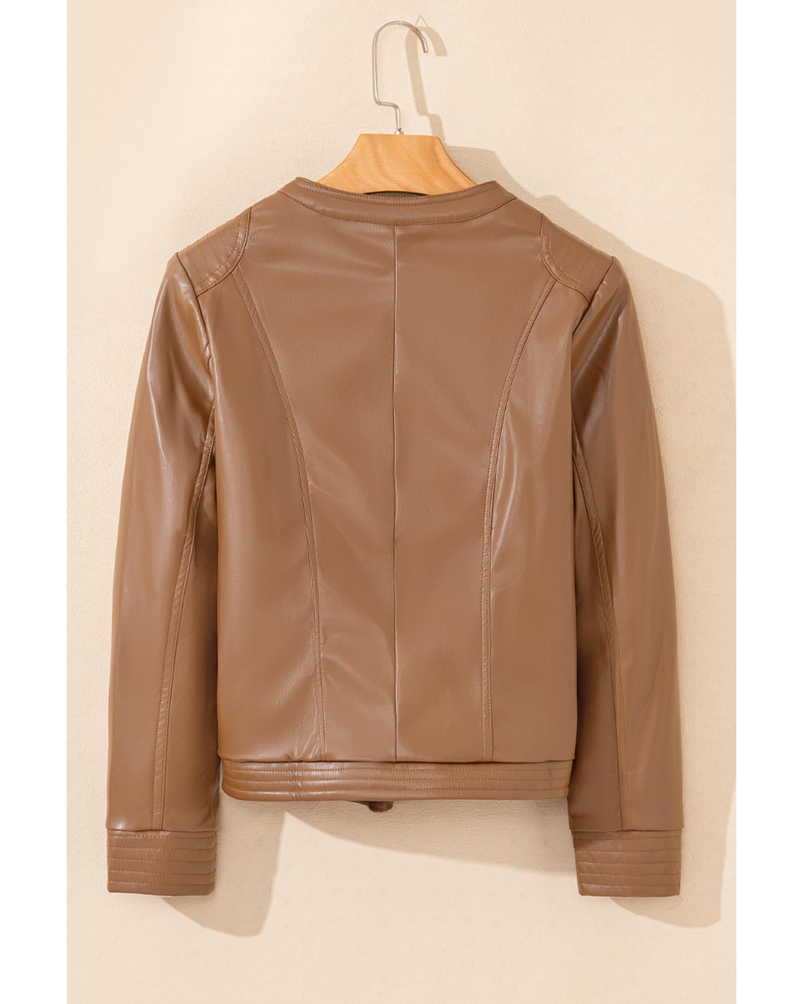 Chestnut Solid Faux Leather Zipper Slim Fit Bomber Jacket - L