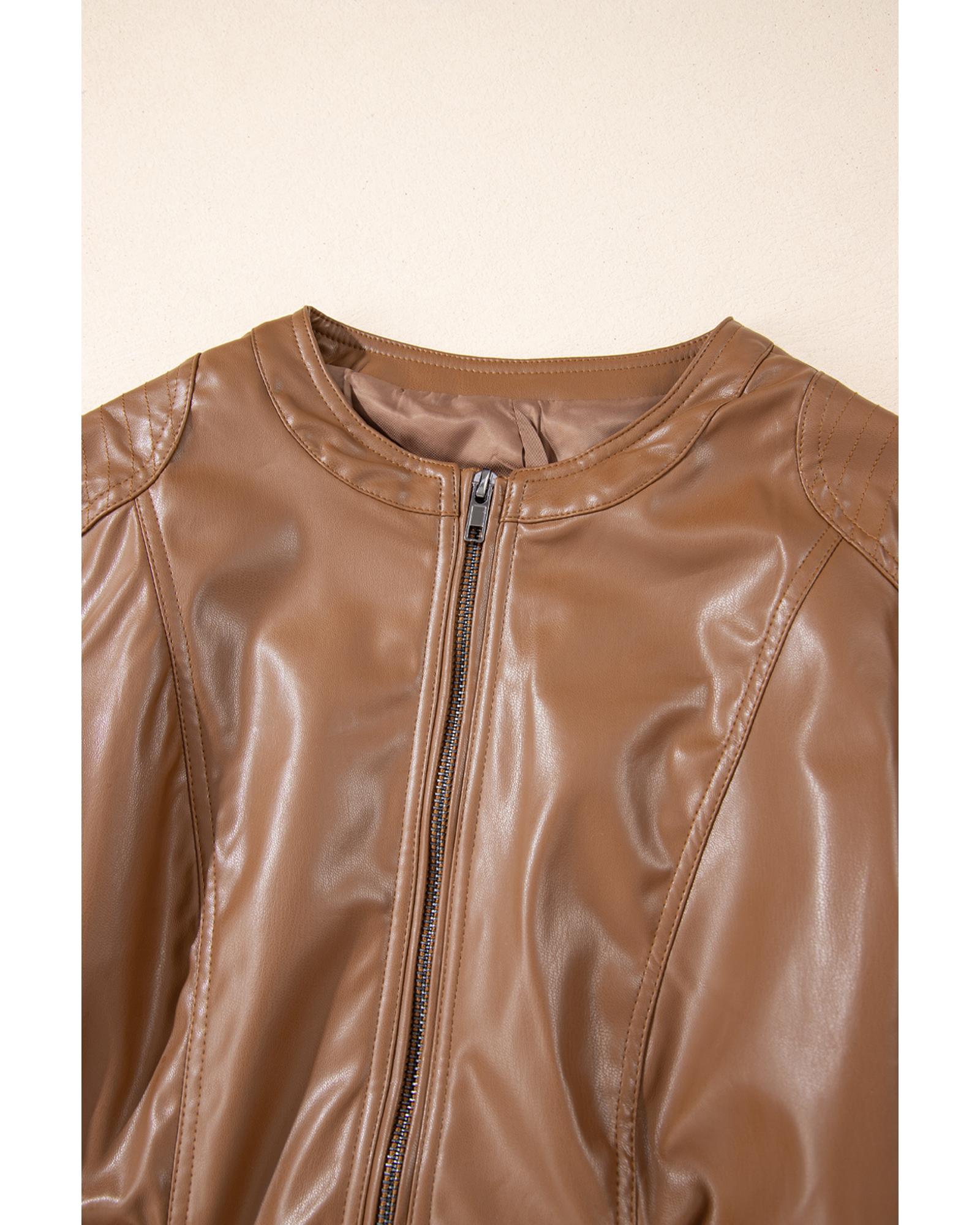 Chestnut Solid Faux Leather Zipper Slim Fit Bomber Jacket - L