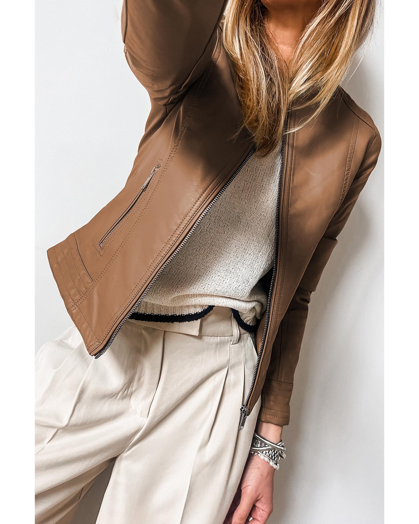 Chestnut Solid Faux Leather Zipper Slim Fit Bomber Jacket - M