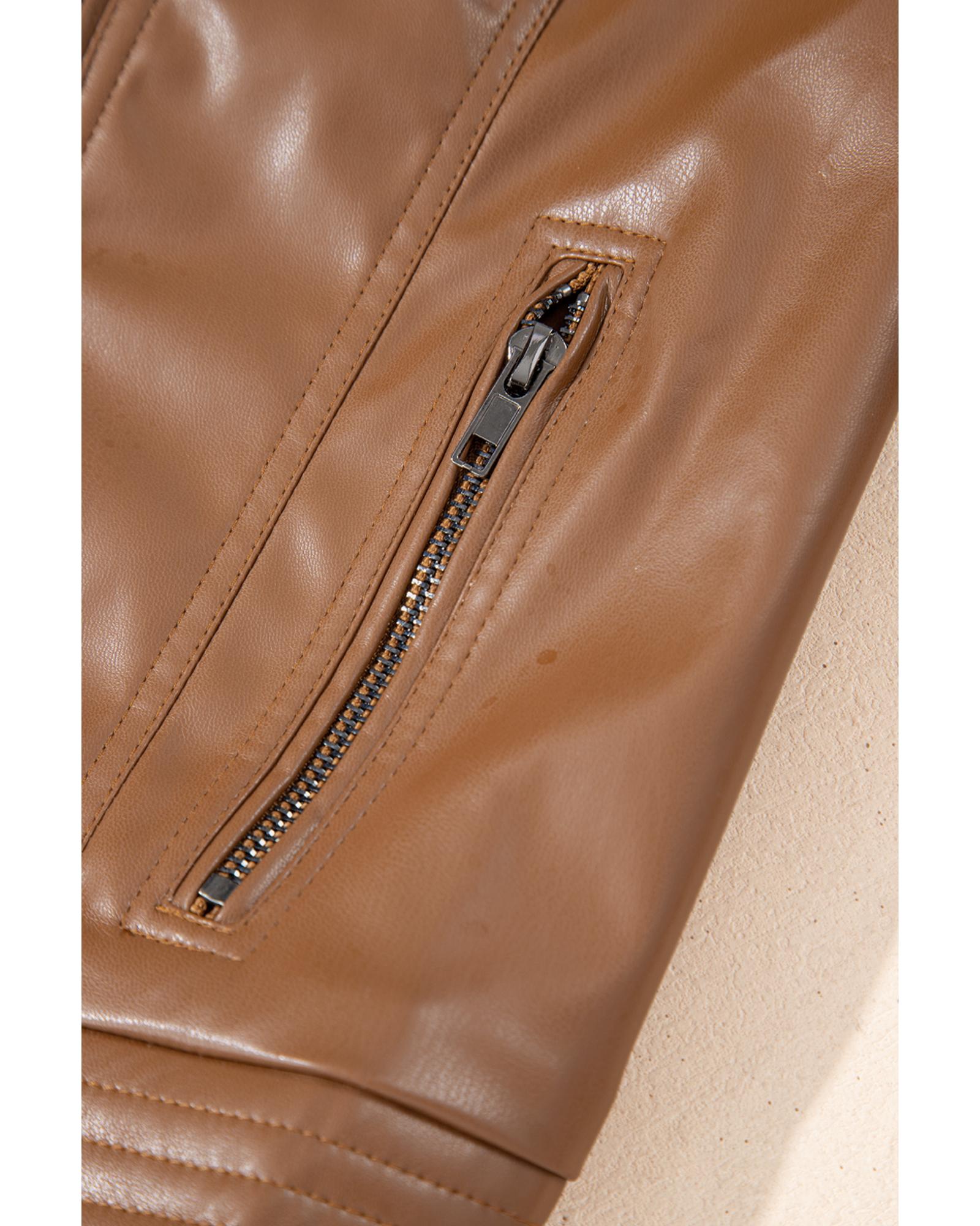 Chestnut Solid Faux Leather Zipper Slim Fit Bomber Jacket - M
