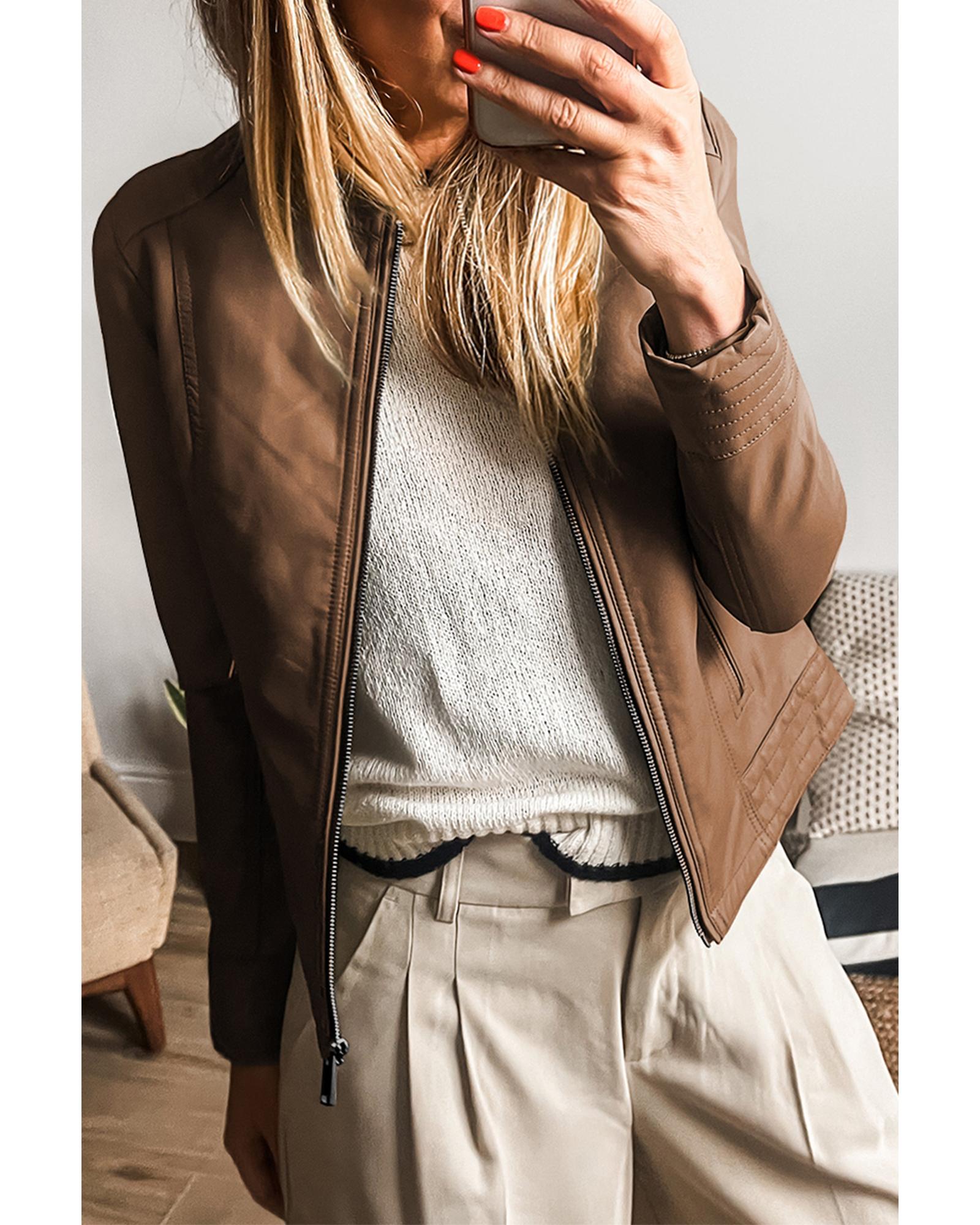 Chestnut Solid Faux Leather Zipper Slim Fit Bomber Jacket - S