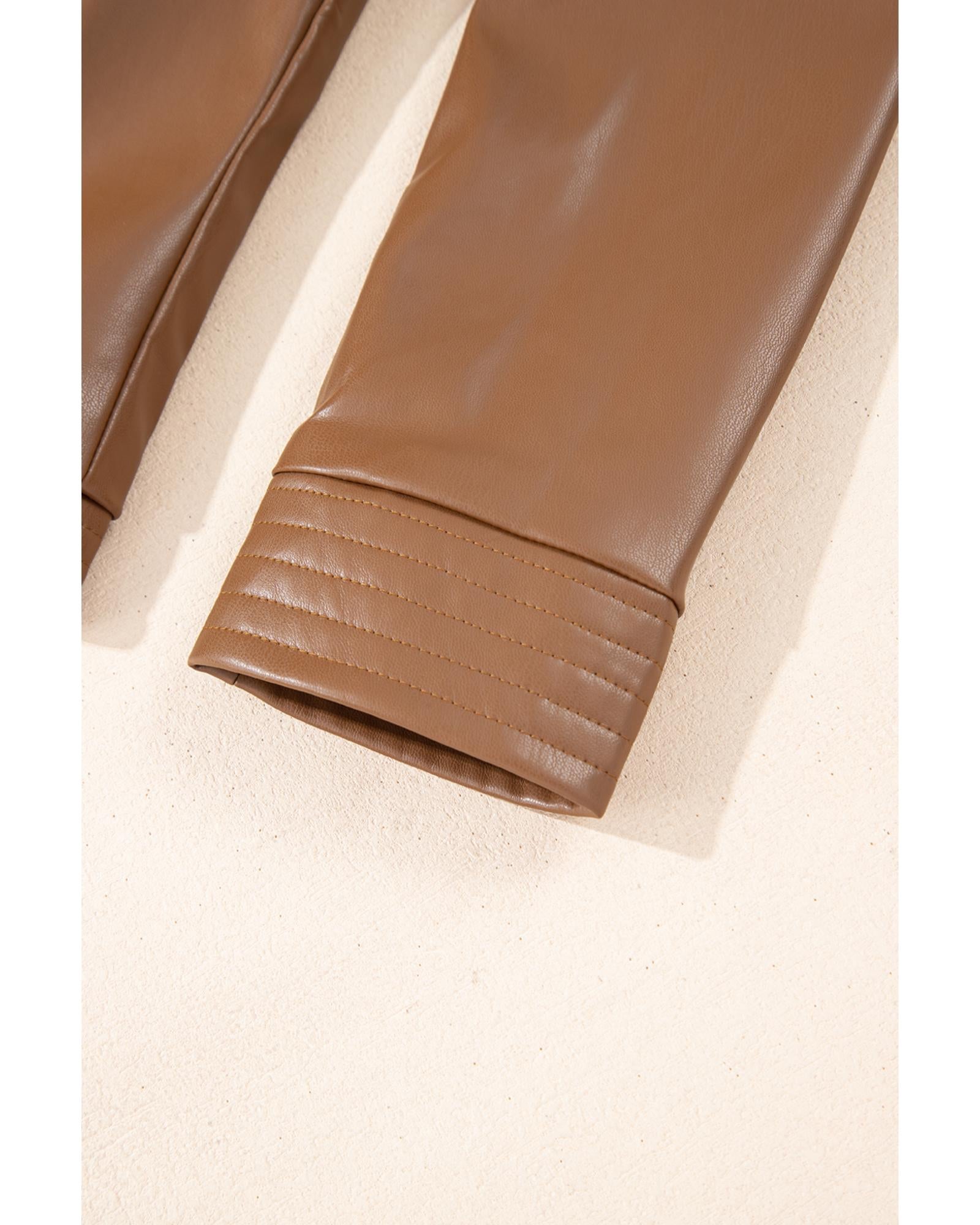 Chestnut Solid Faux Leather Zipper Slim Fit Bomber Jacket - S