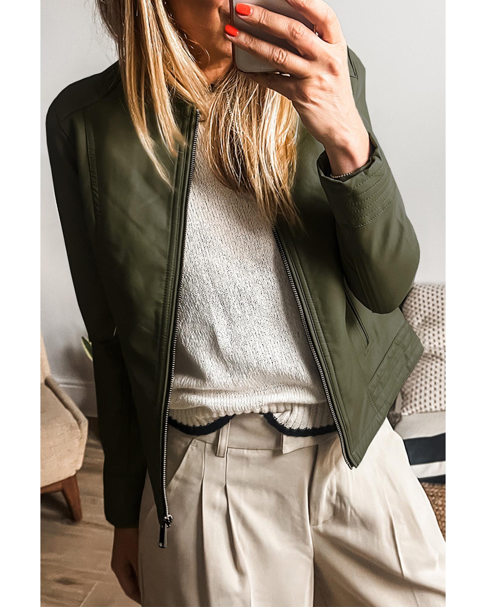 Sage Green Solid Faux Leather Zipper Slim Fit Bomber Jacket - M