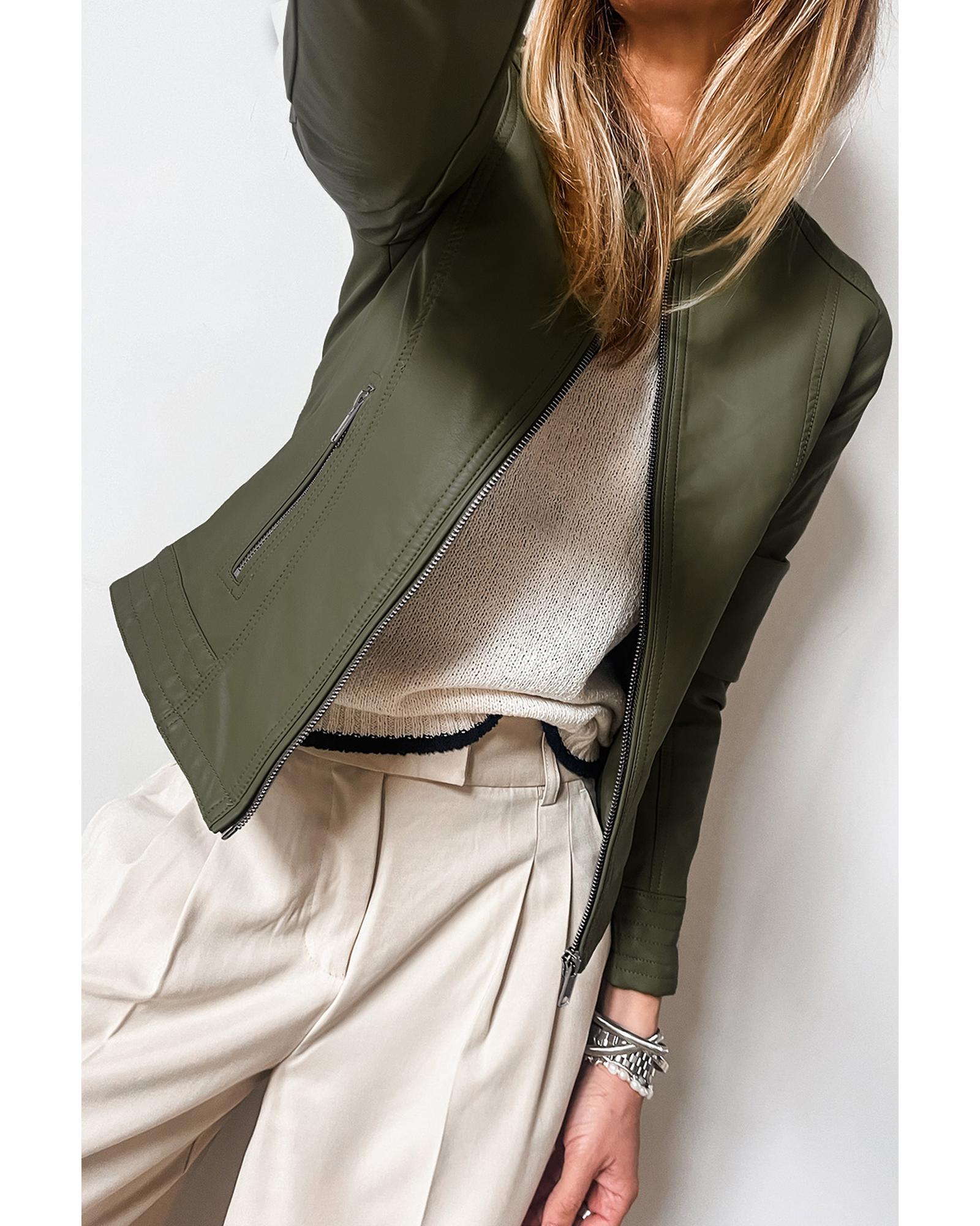 Sage Green Solid Faux Leather Zipper Slim Fit Bomber Jacket - M