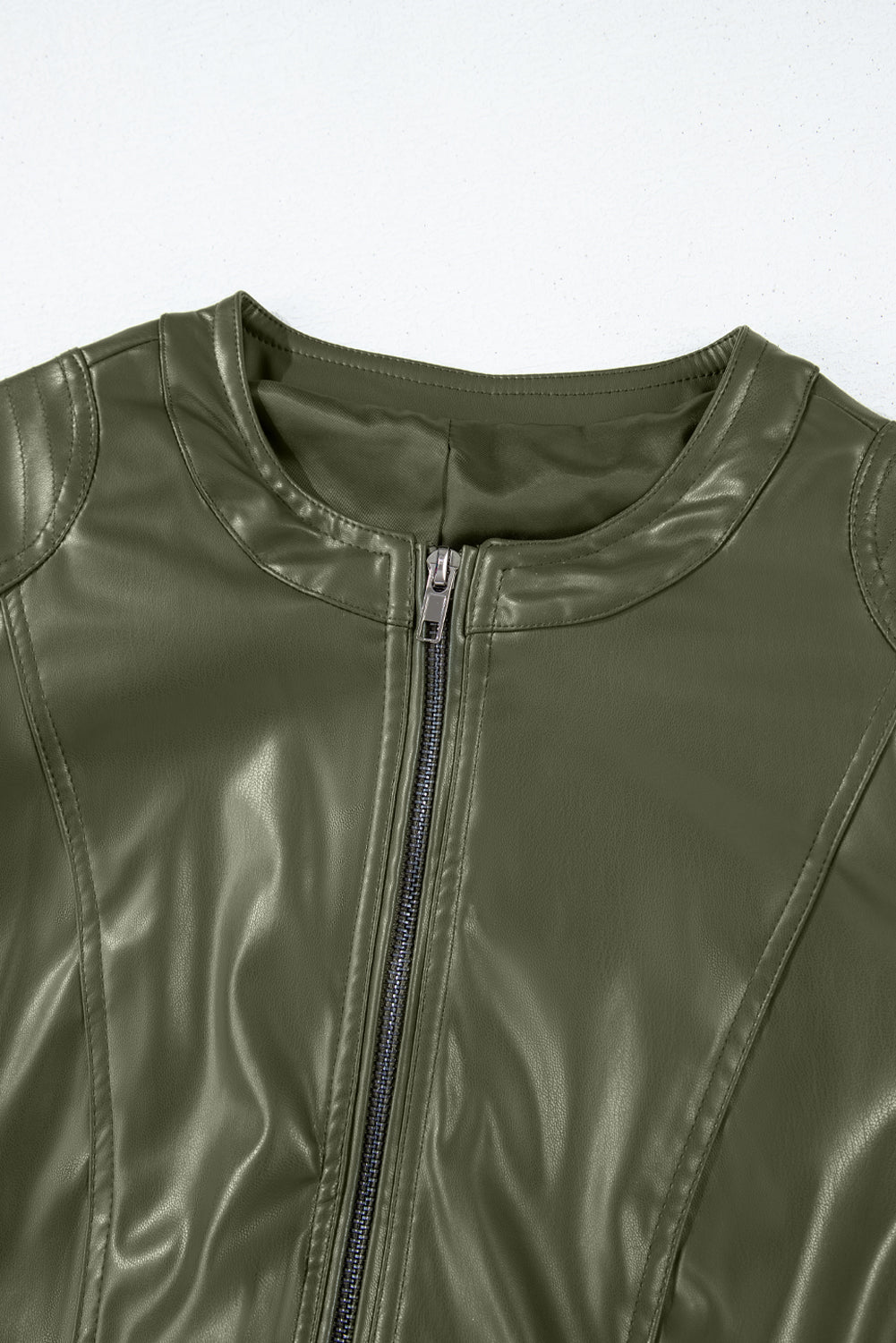 Sage Green Solid Faux Leather Zipper Slim Fit Bomber Jacket - M