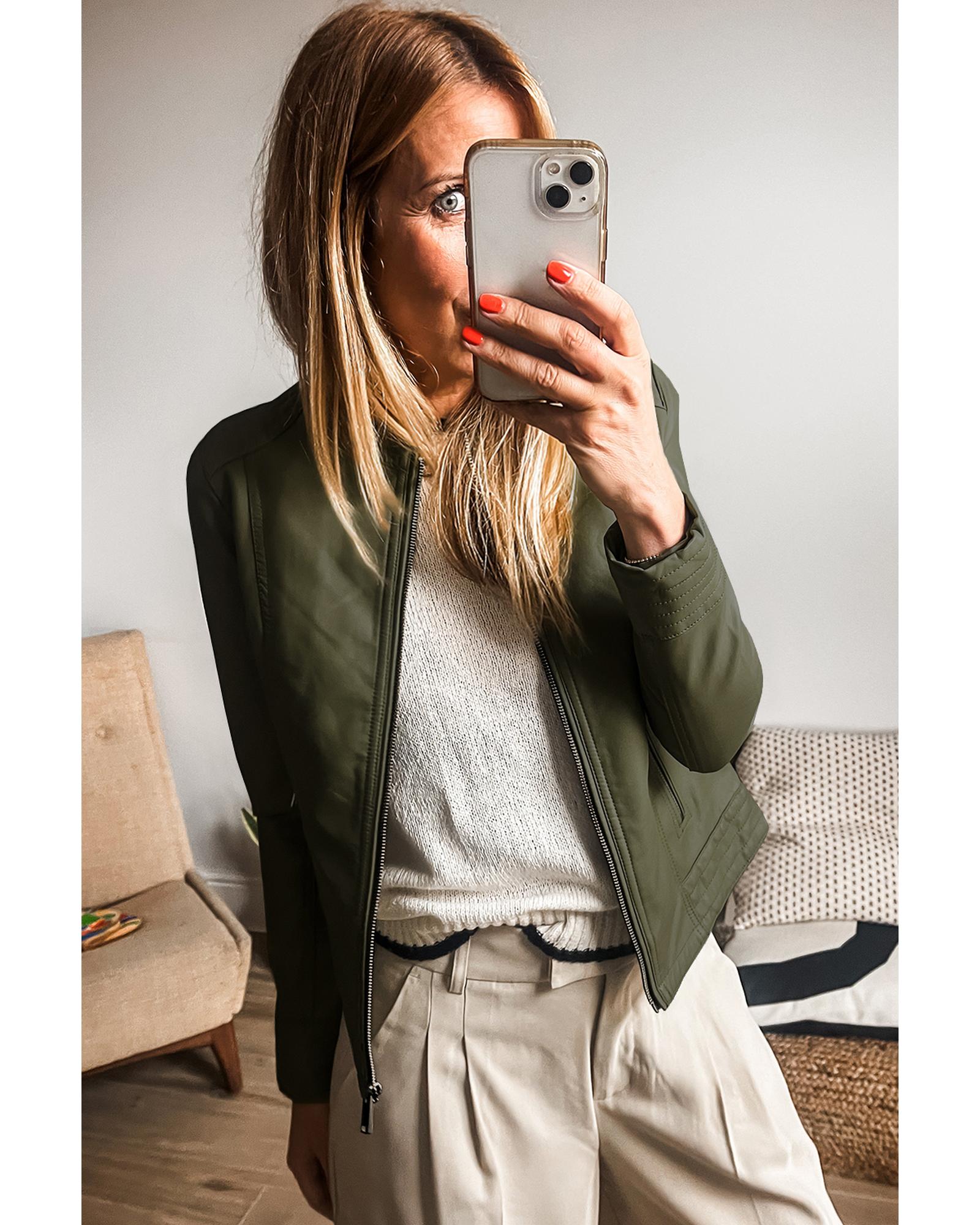 Sage Green Solid Faux Leather Zipper Slim Fit Bomber Jacket - S