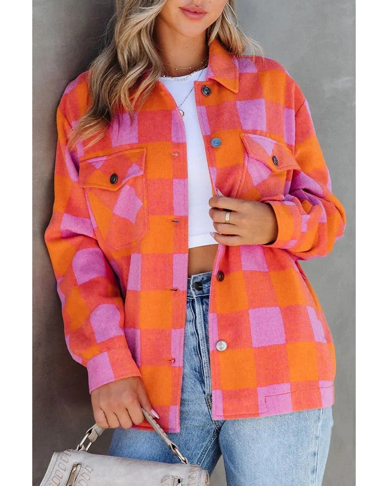 Orange Plaid Chest Pockets Button-up Turn Down Collar Jacket - S