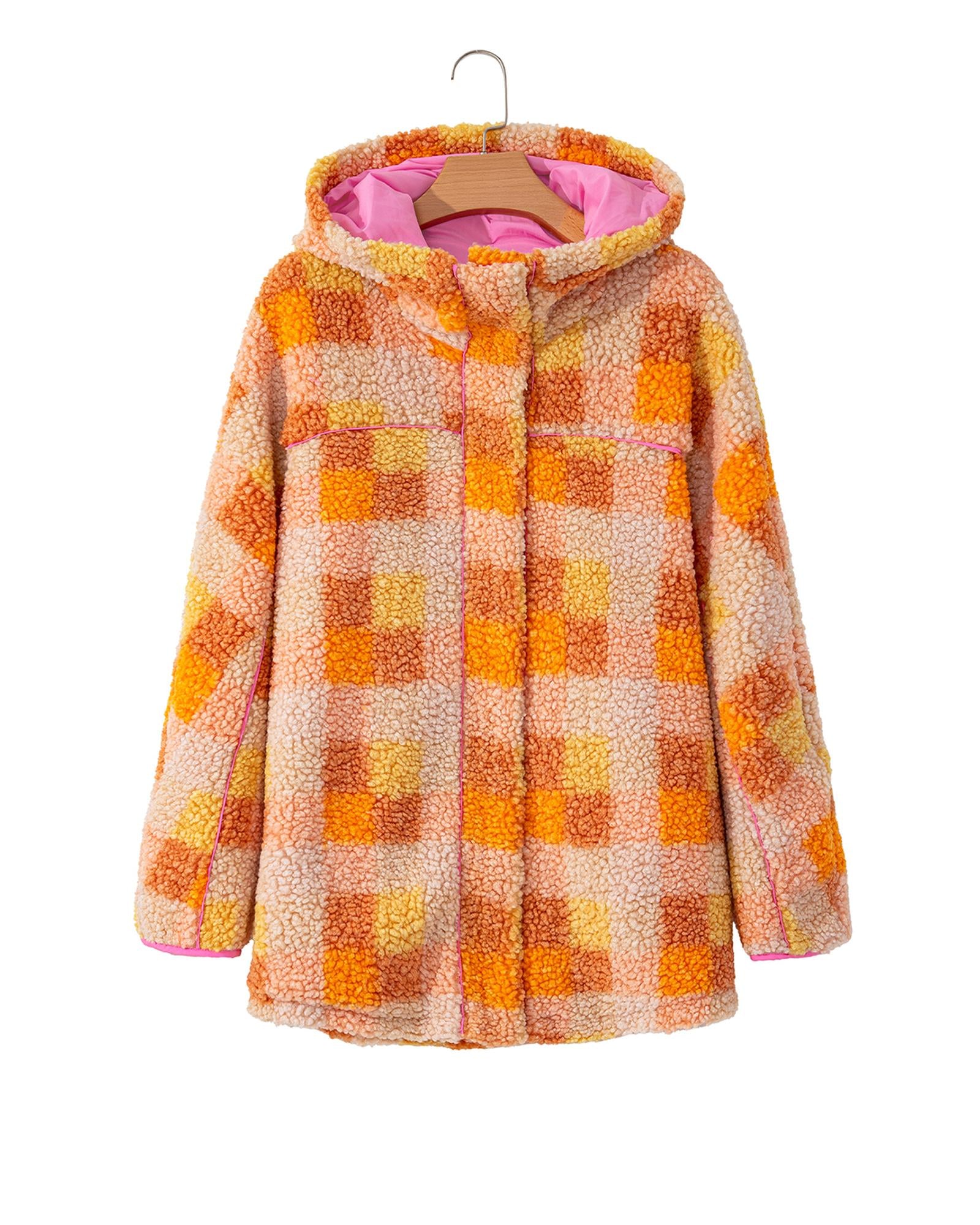 Orange Checkered Sherpa Hooded Jacket - S