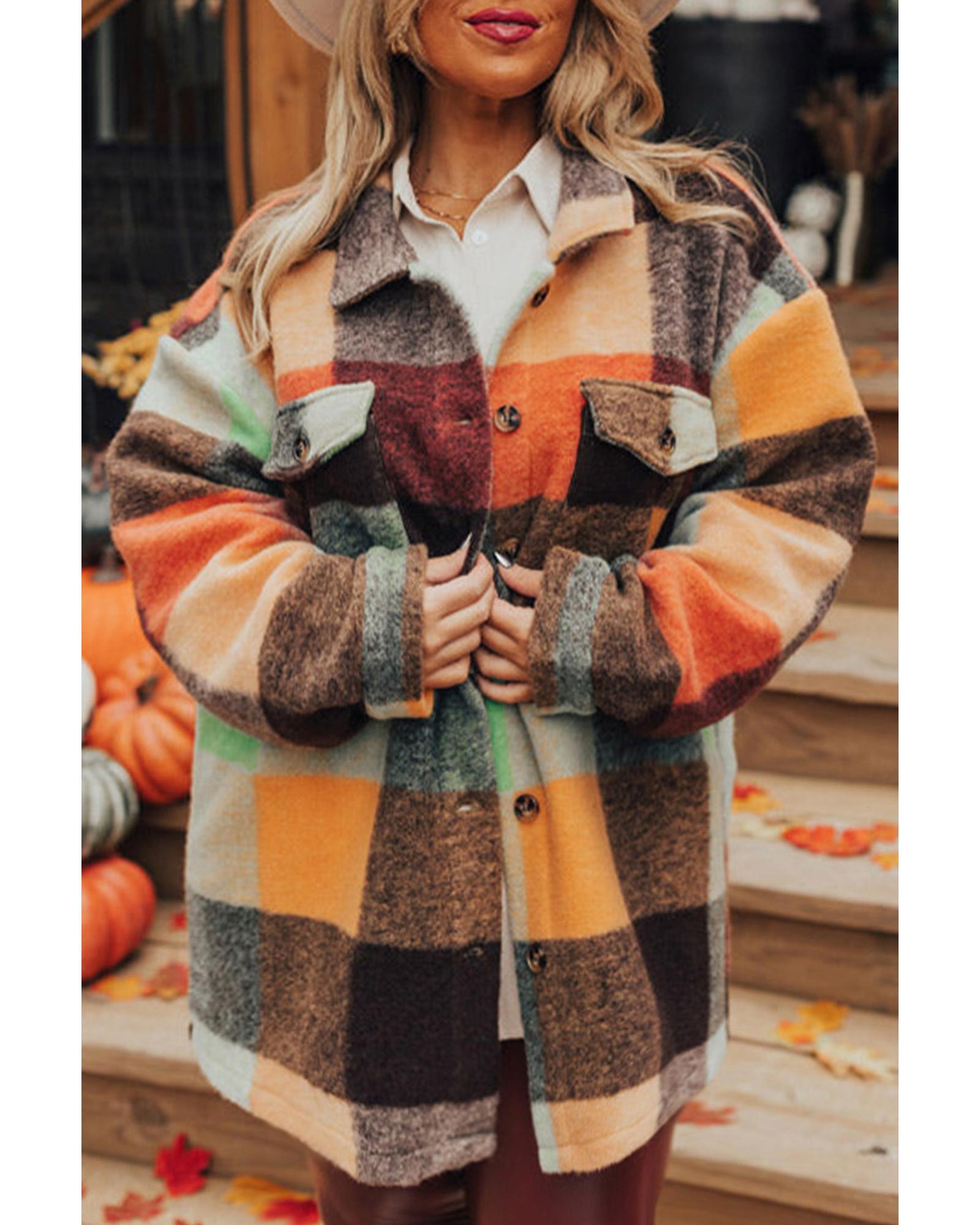 Orange Plaid Print Flap Pocket Long Jacket - XL