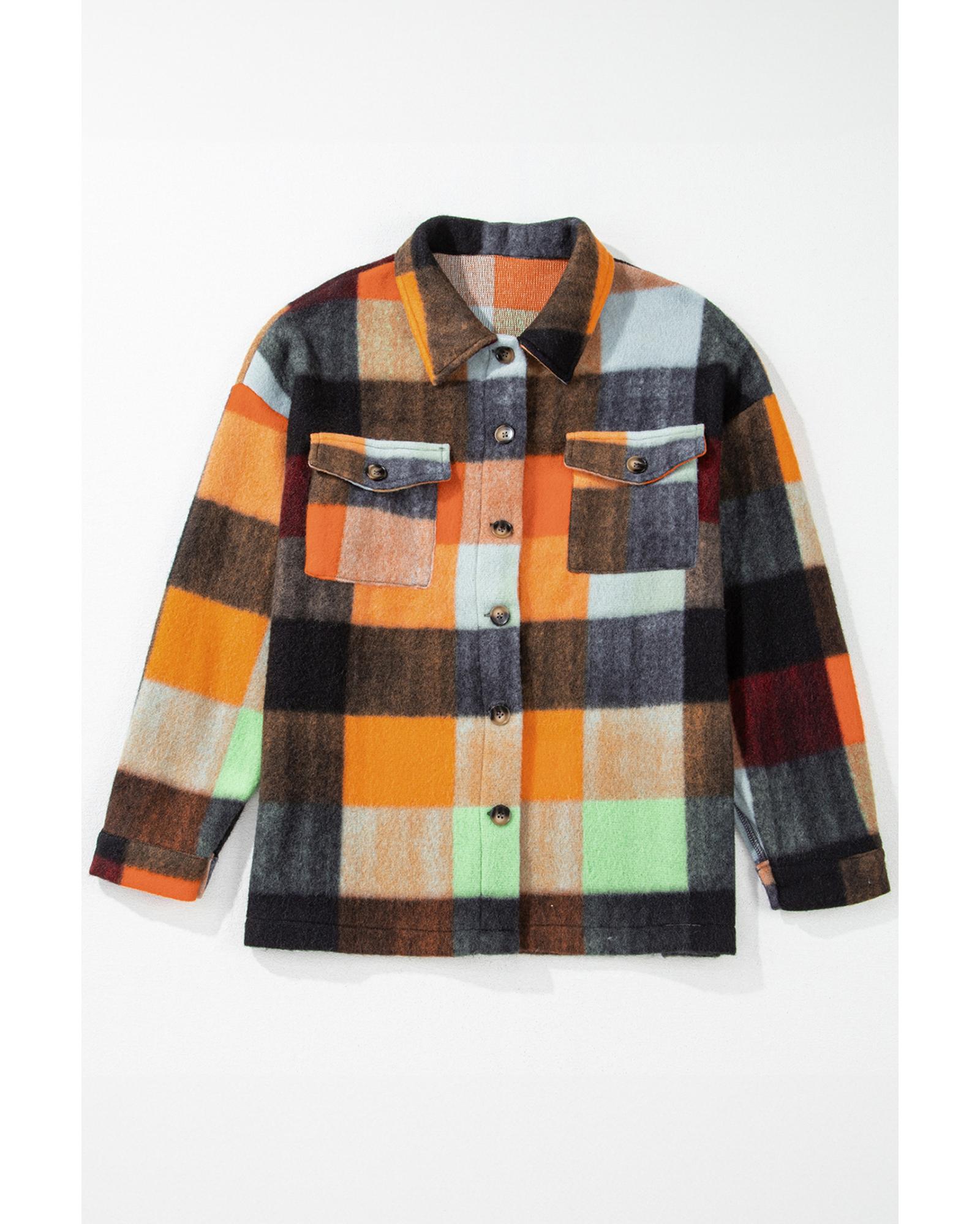 Orange Plaid Print Flap Pocket Long Jacket - XL
