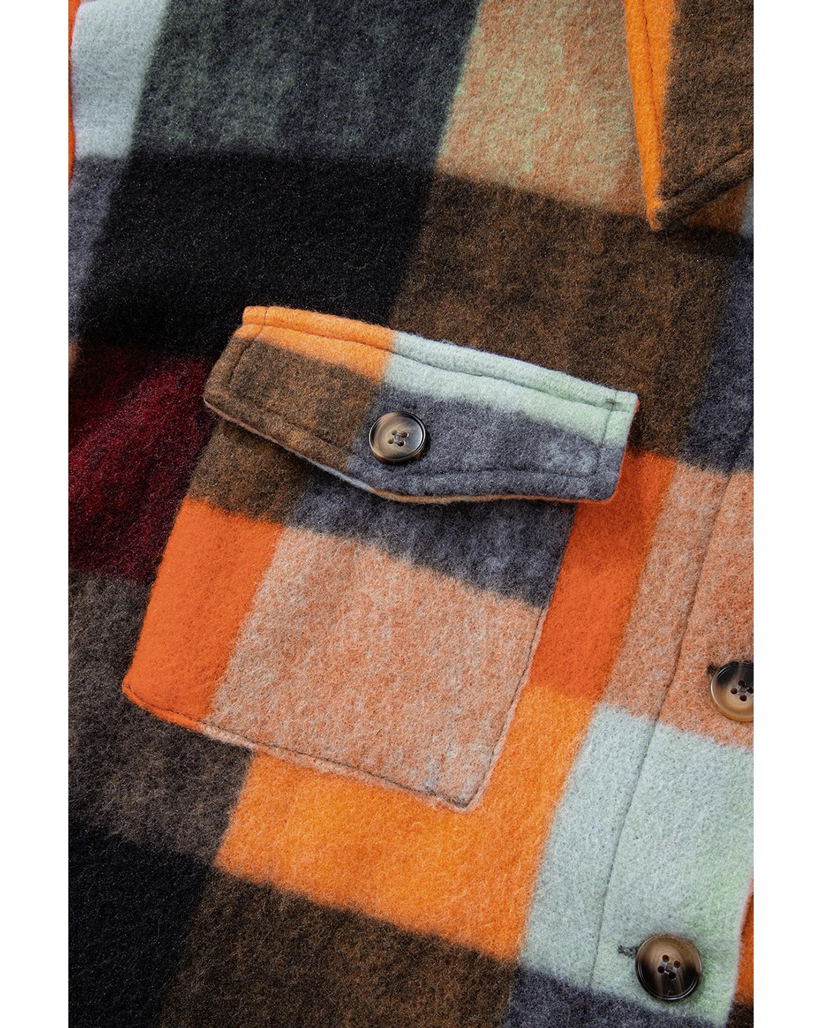 Orange Plaid Print Flap Pocket Long Jacket - XL