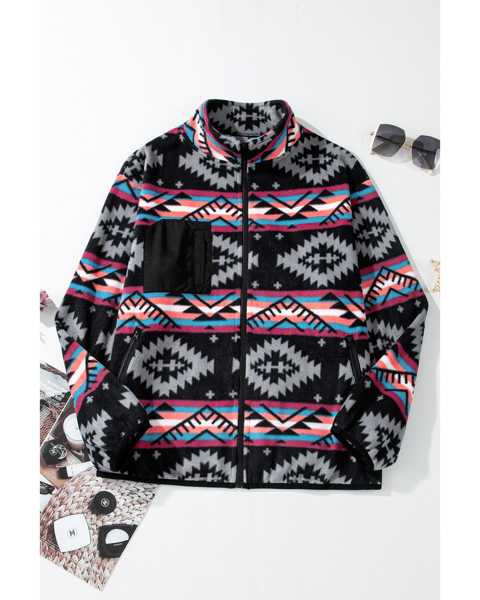 Black Aztec Printed Zip Up Collar Jacket - S