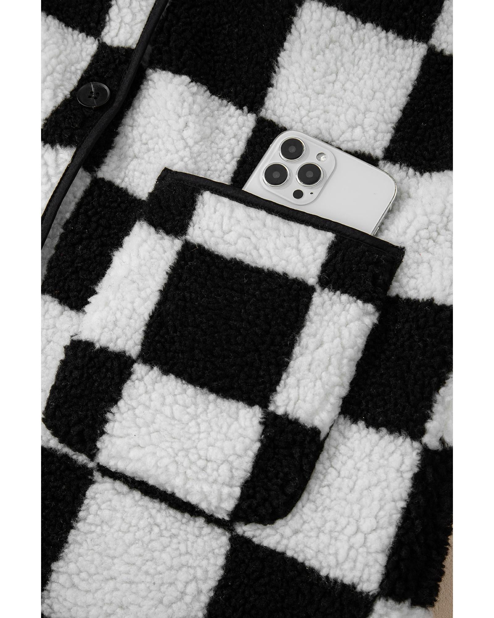 Black Checkered Side Pockets Collared Buttoned Fleece Jacket - L