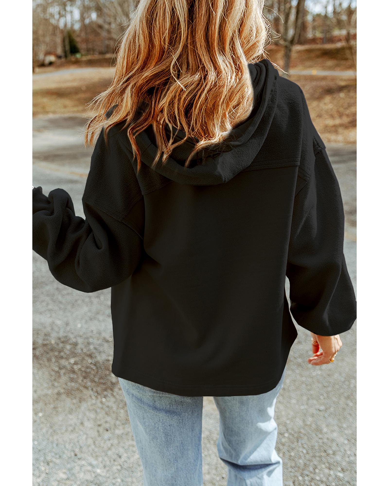 Black Sequined Rugby Football Pattern Pocketed Zipper Hooded Jacket - L