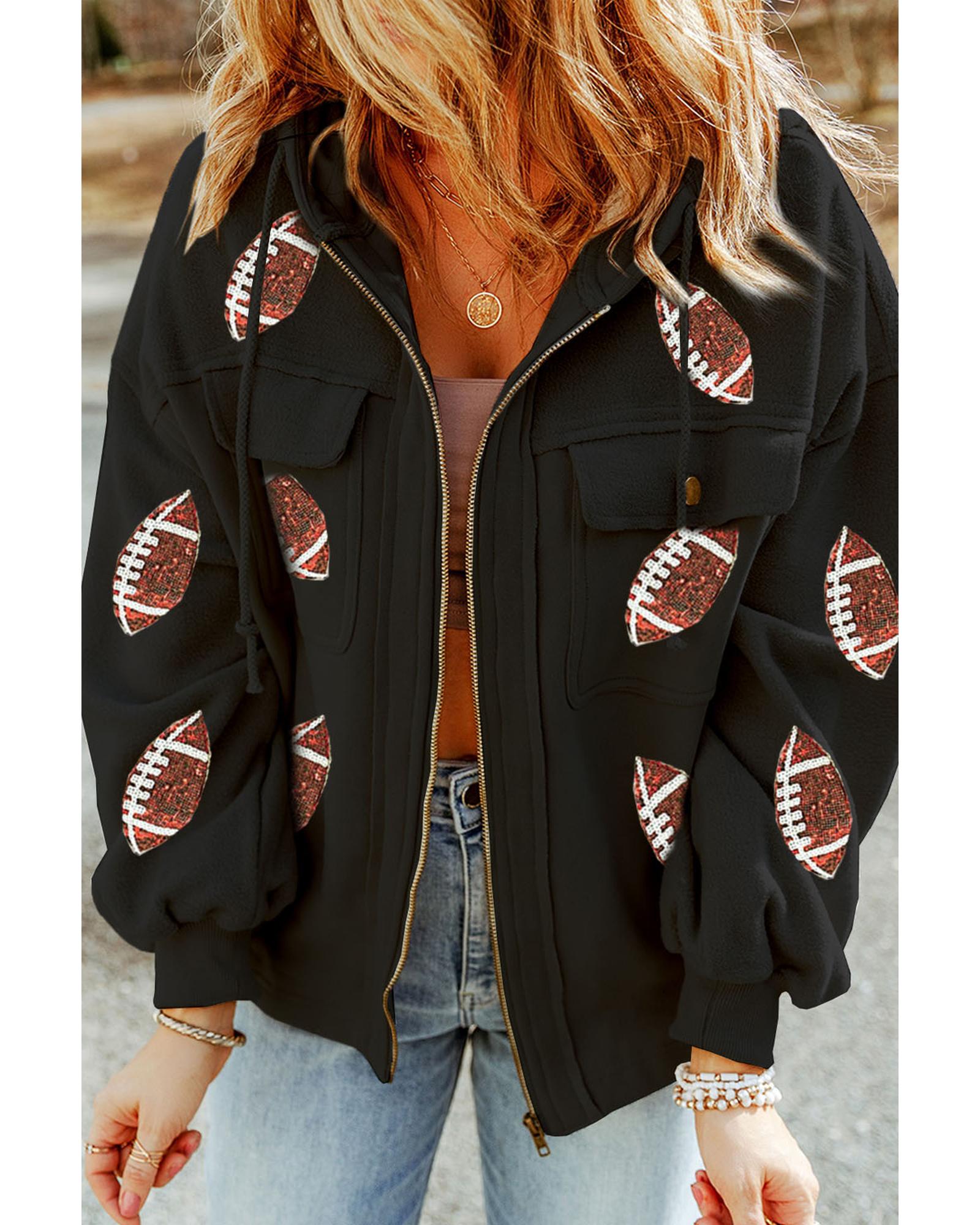 Black Sequined Rugby Football Pattern Pocketed Zipper Hooded Jacket - L
