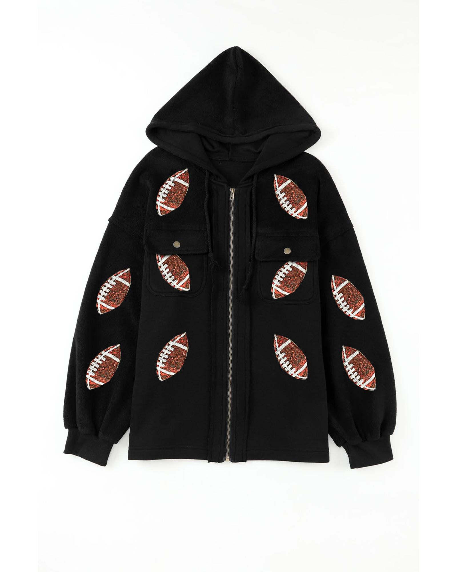 Black Sequined Rugby Football Pattern Pocketed Zipper Hooded Jacket - L