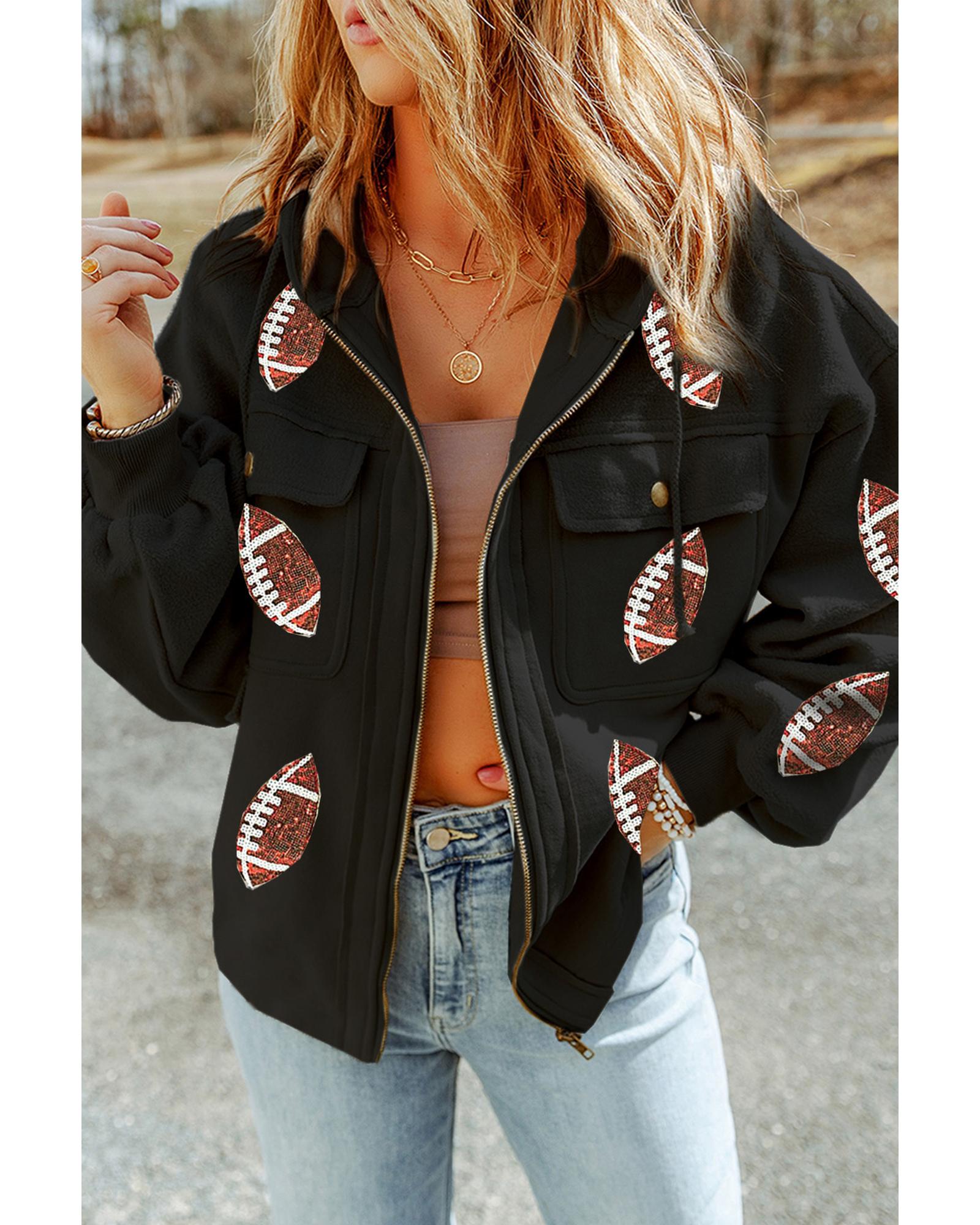 Black Sequined Rugby Football Pattern Pocketed Zipper Hooded Jacket - M