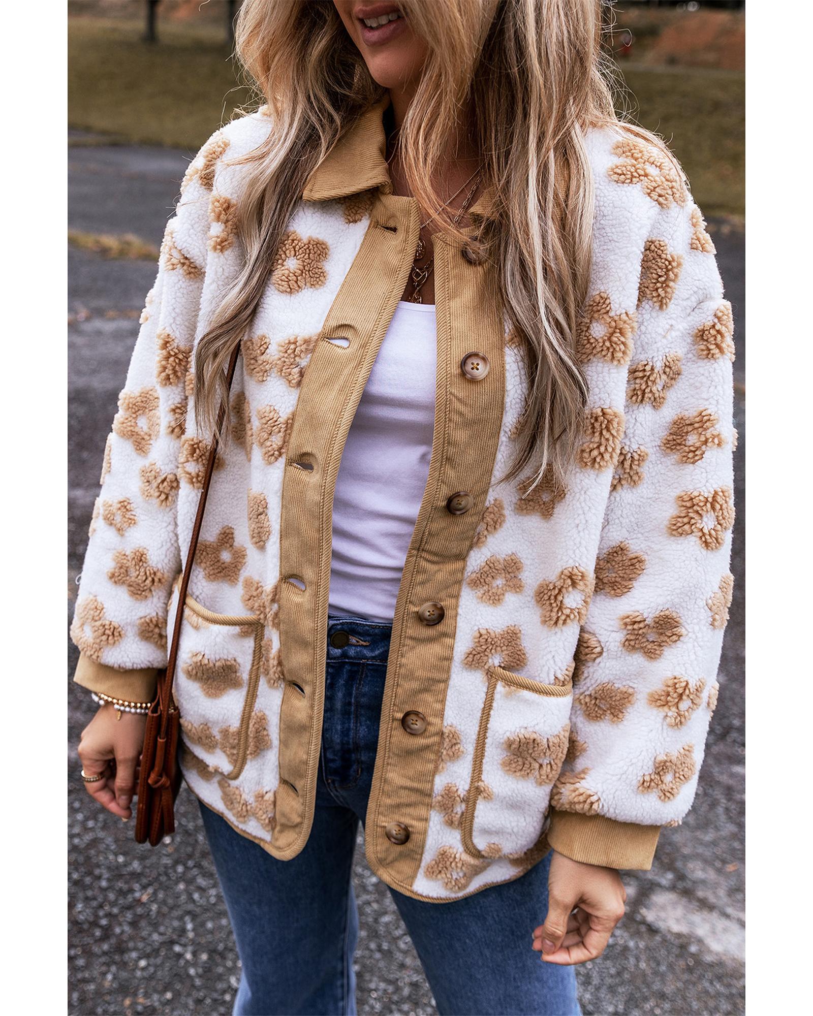 Light French Beige Cute Flower Pattern Button Up Fleece Jacket - L