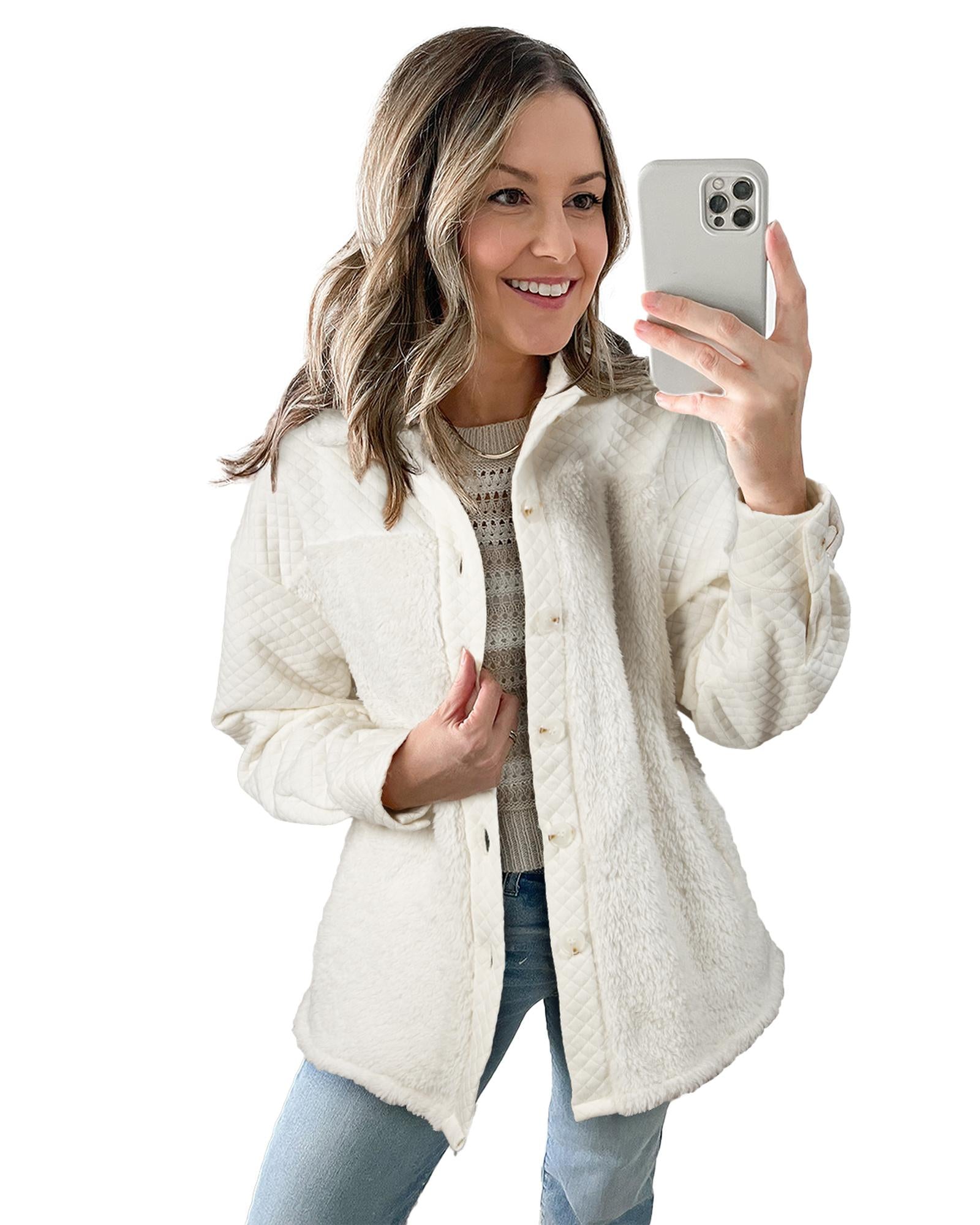 White Solid Color Quilted Sherpa Patchwork Button Up Shacket - L