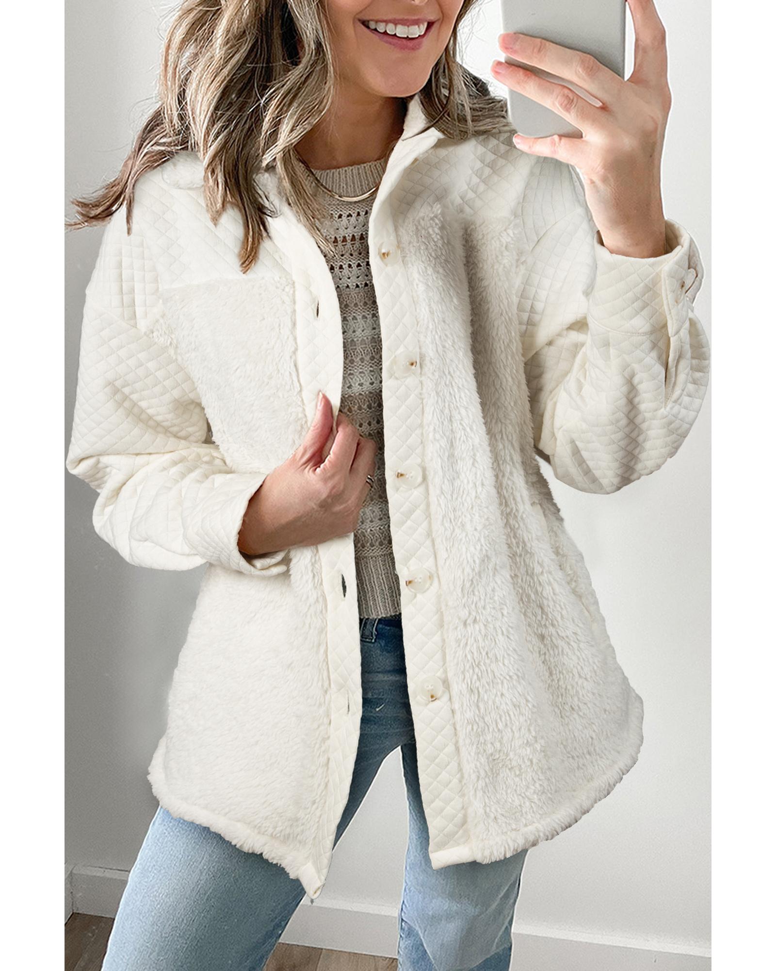White Solid Color Quilted Sherpa Patchwork Button Up Shacket - L