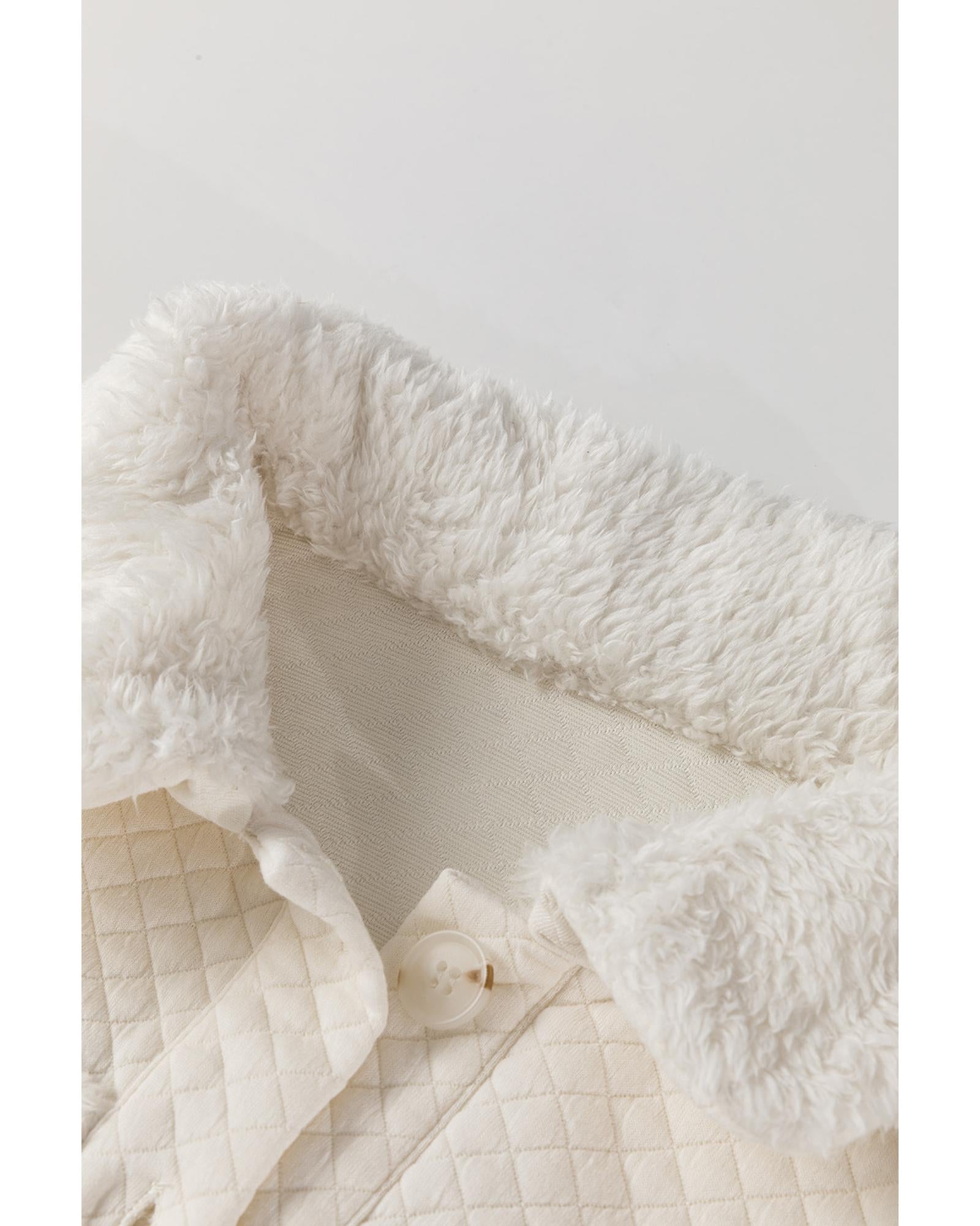 White Solid Color Quilted Sherpa Patchwork Button Up Shacket - L