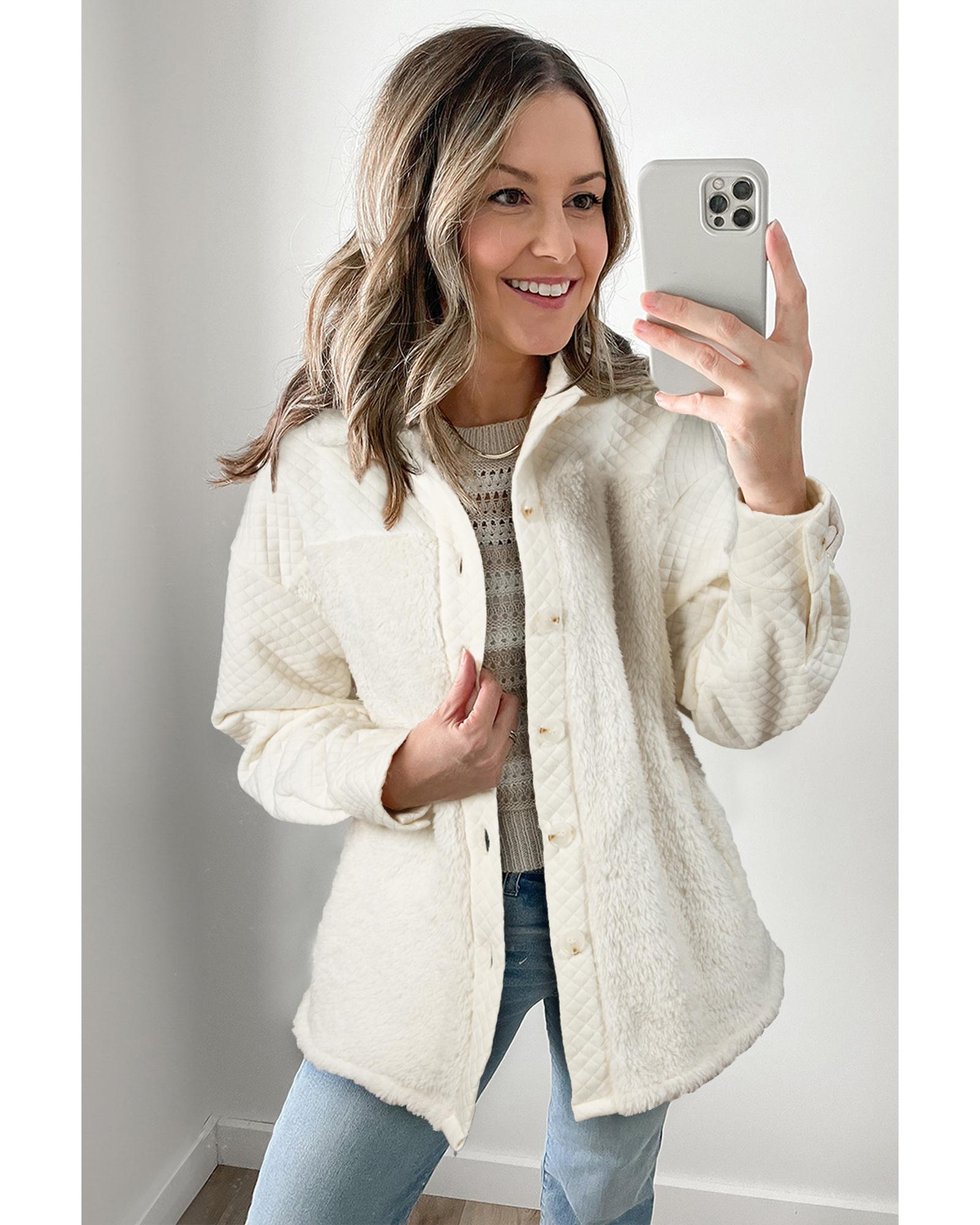 White Solid Color Quilted Sherpa Patchwork Button Up Shacket - M