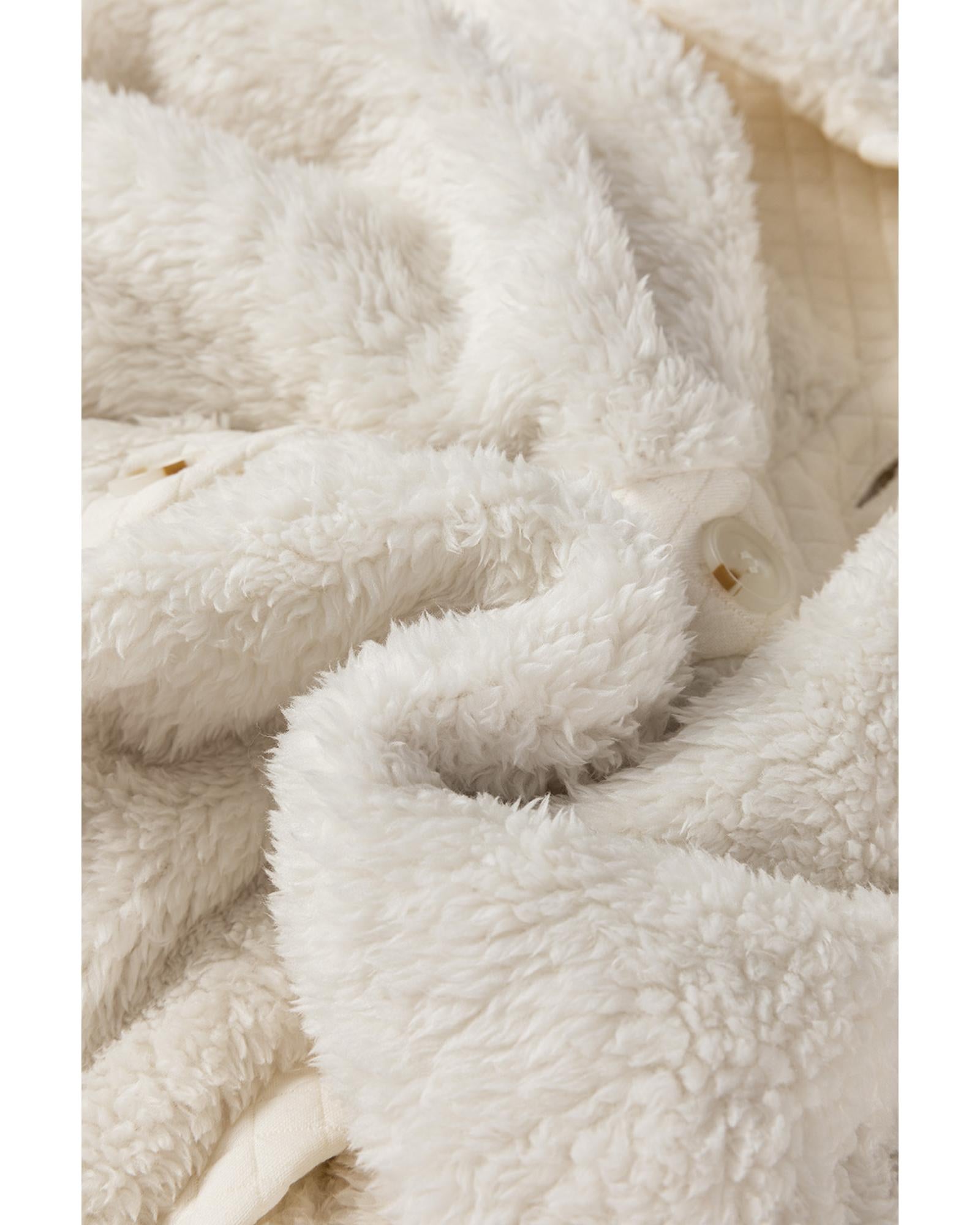 White Solid Color Quilted Sherpa Patchwork Button Up Shacket - S