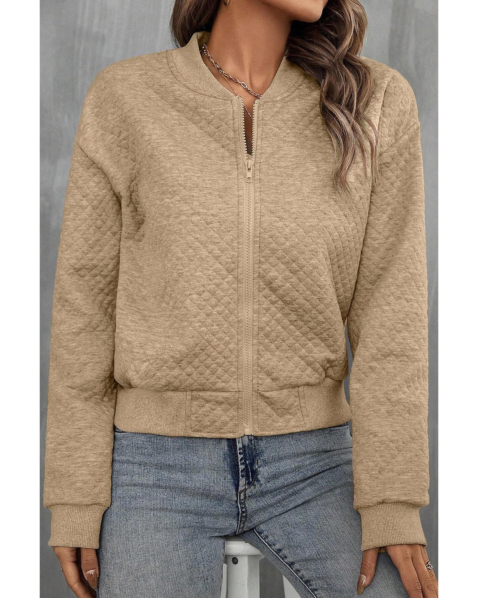 Pale Khaki Solid Geometric Textured Baseball Collar Jacket - M