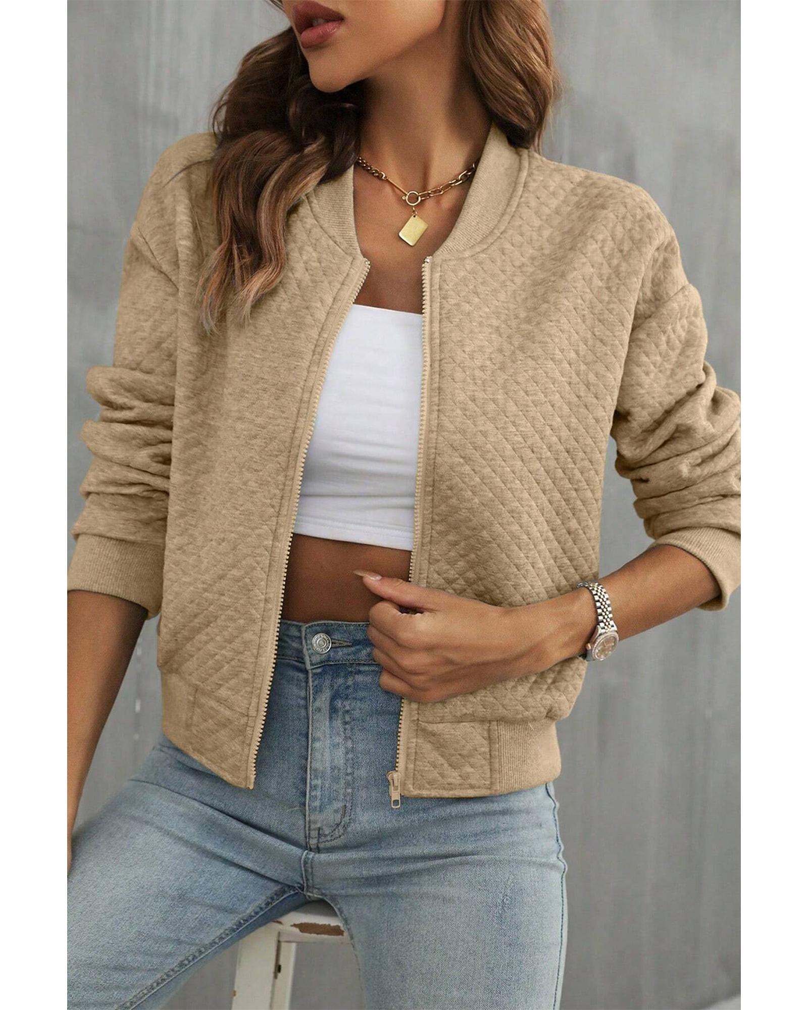 Pale Khaki Solid Geometric Textured Baseball Collar Jacket - M