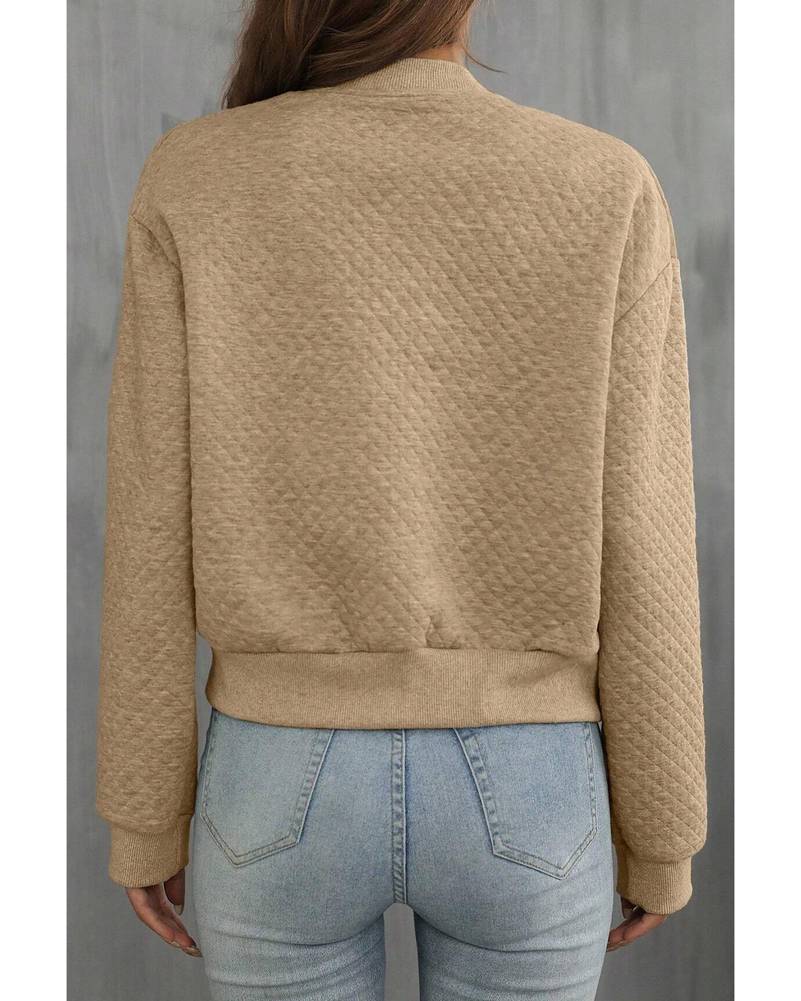 Pale Khaki Solid Geometric Textured Baseball Collar Jacket - M